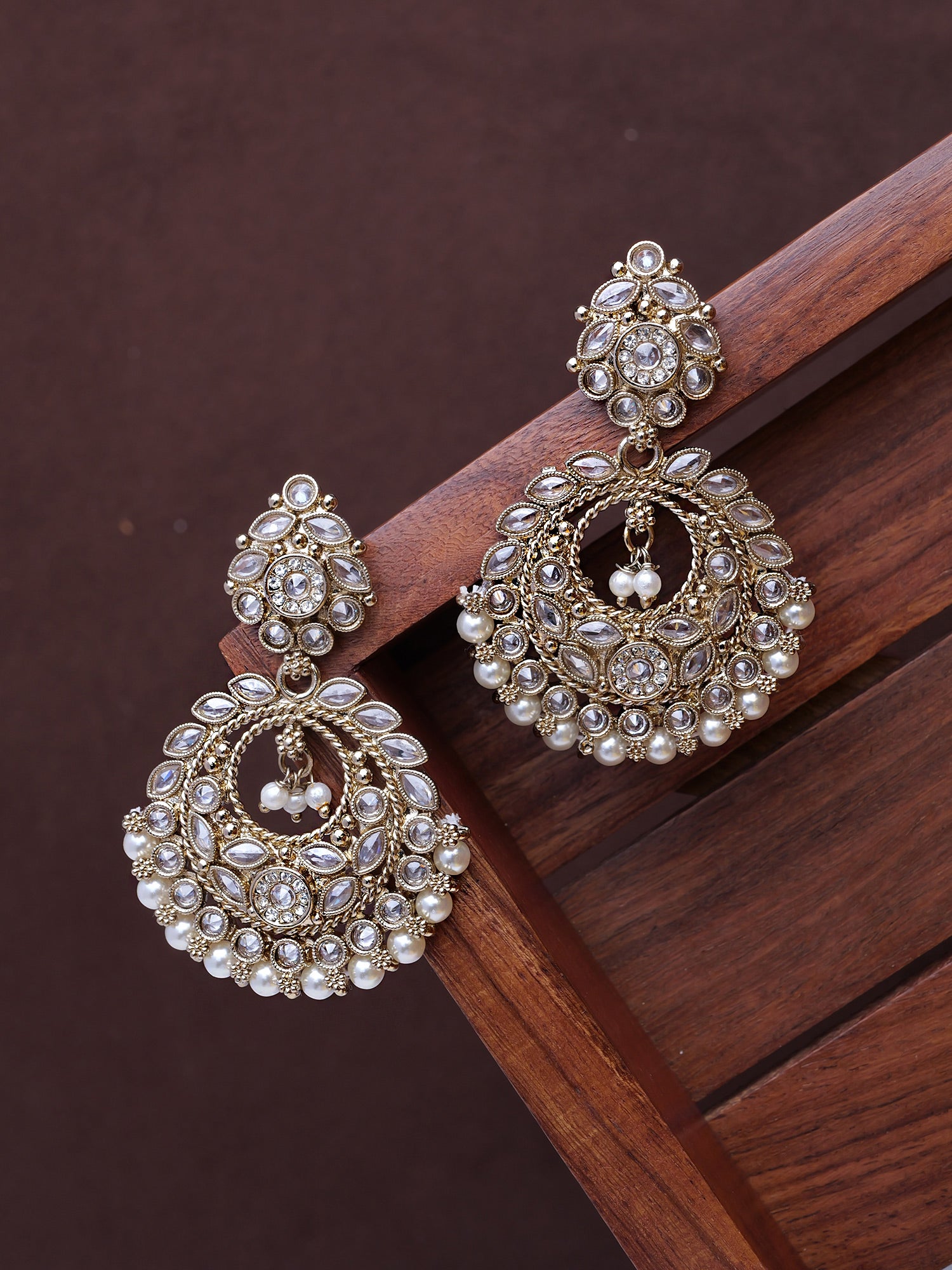 Tara Long Earrings in White and Antique Gold