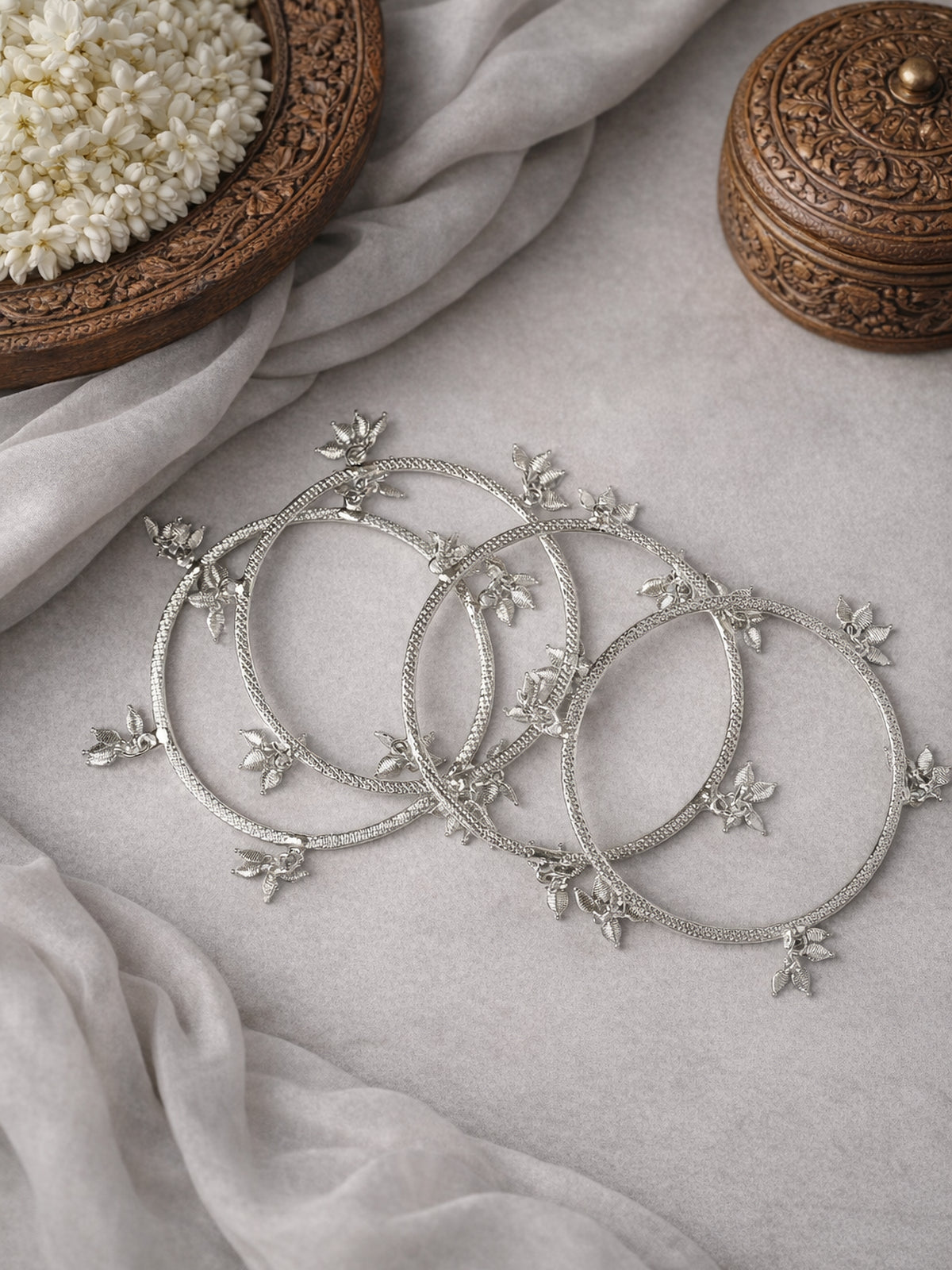Tulsi Leaf Drop Bangles in Rhodium