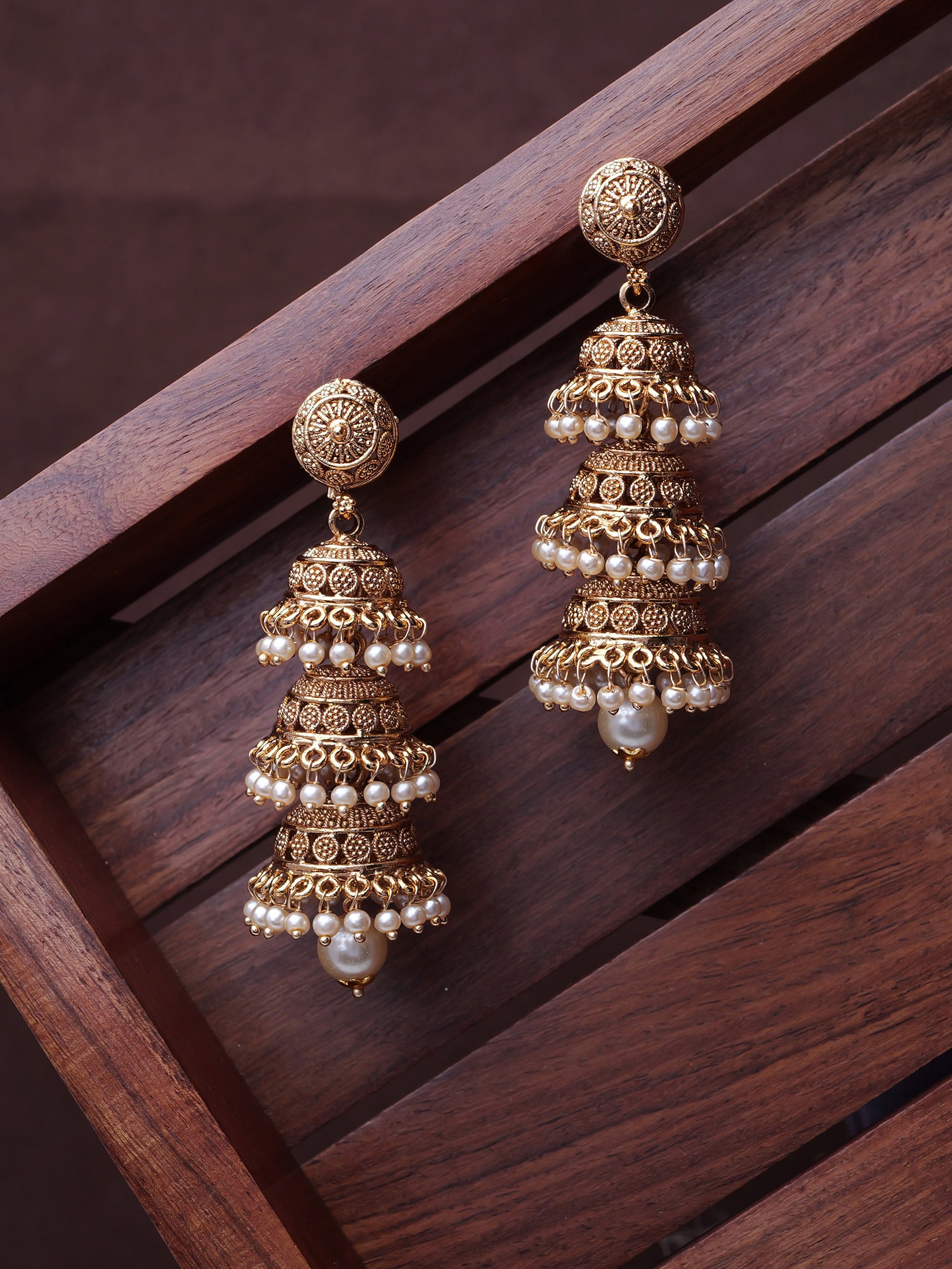 Usha Classic Triple Jhumka Earrings in Pearl