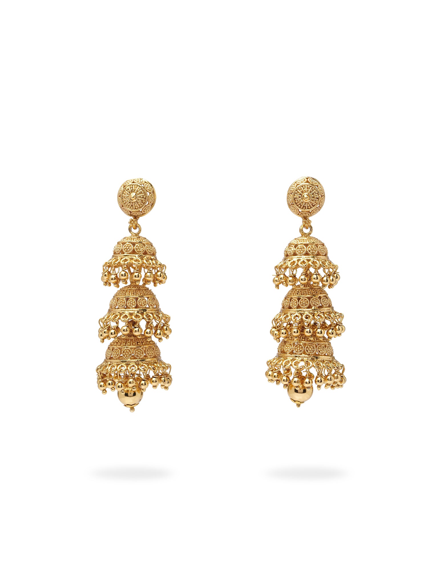 Usha Classic Triple Jhumka Earrings in Gold