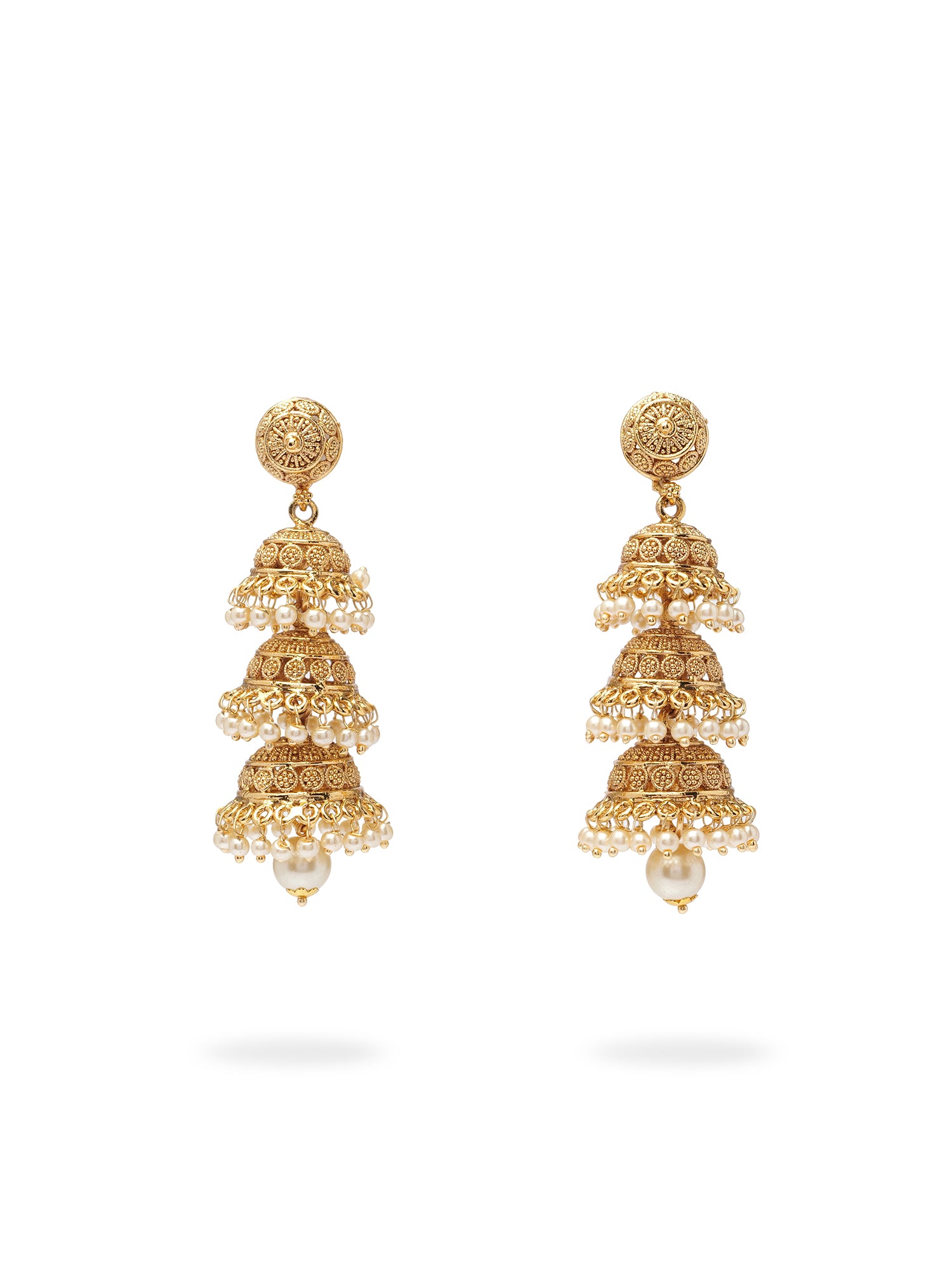 Usha Classic Triple Jhumka Earrings in Pearl