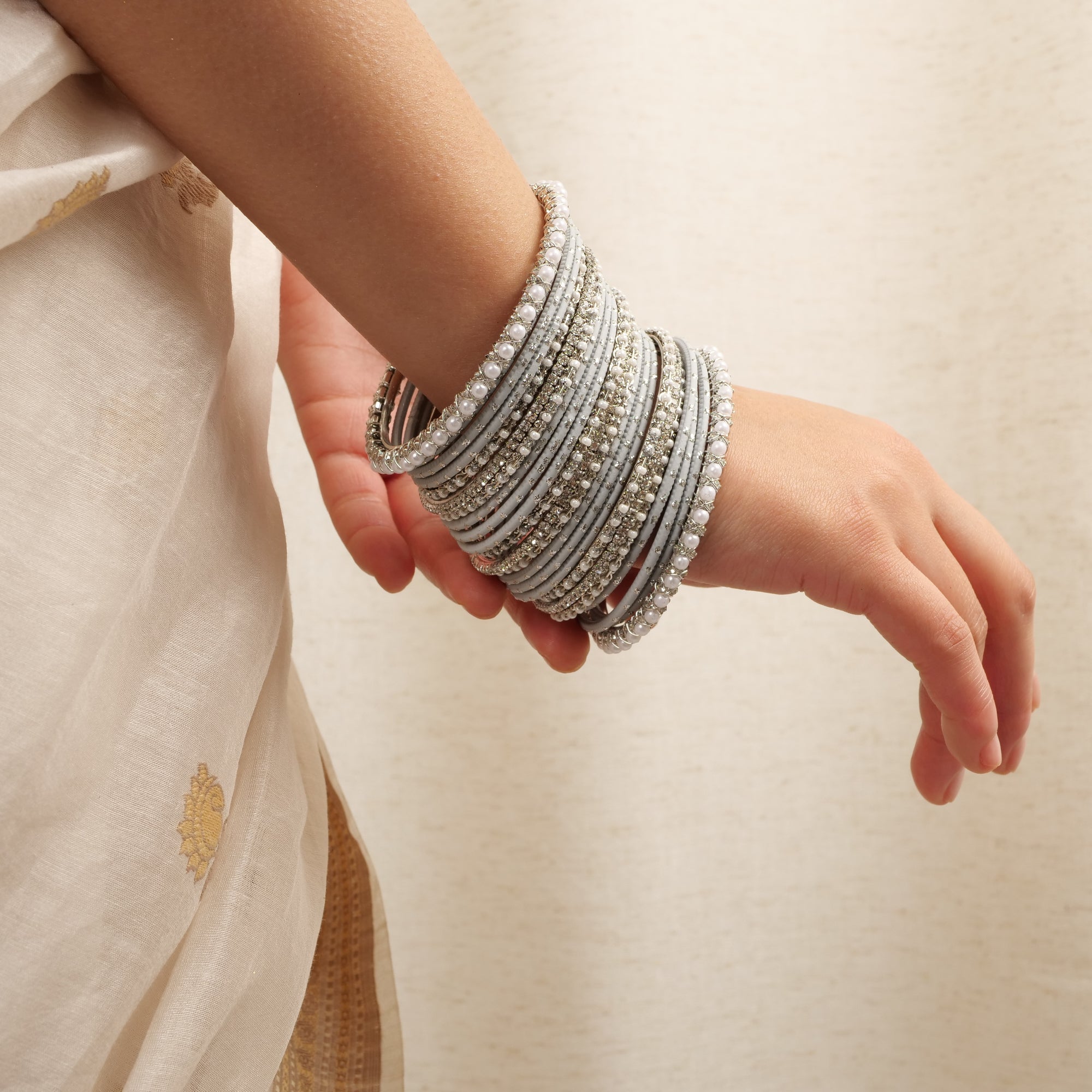 Vintage Pearl Bangle Set in Rhodium