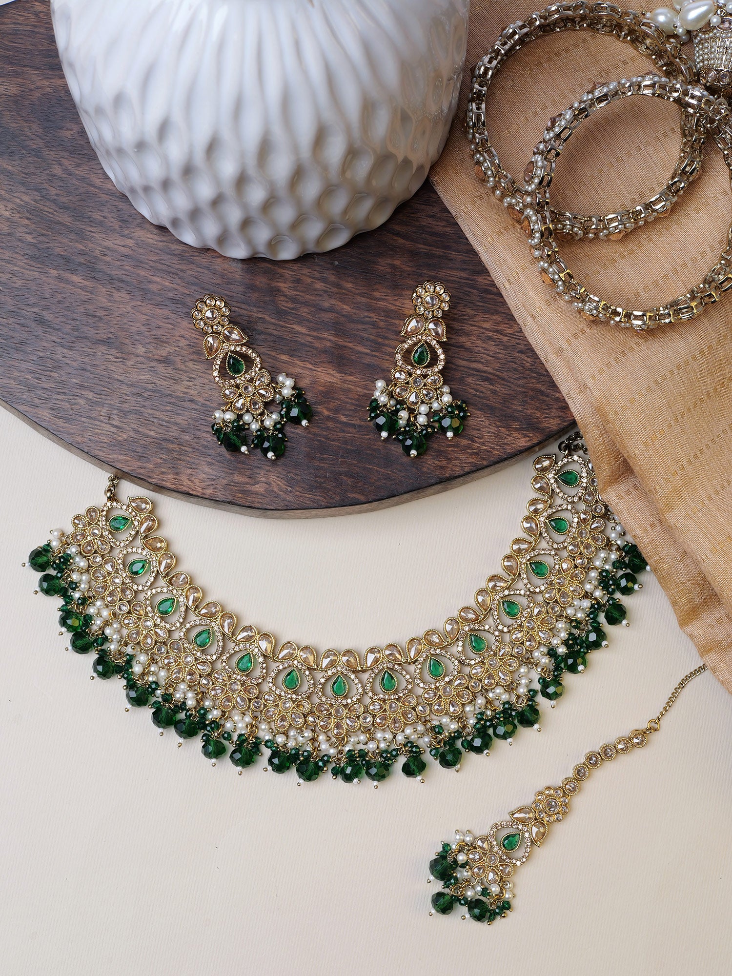 Vandana Necklace Set in Green and Antique Gold