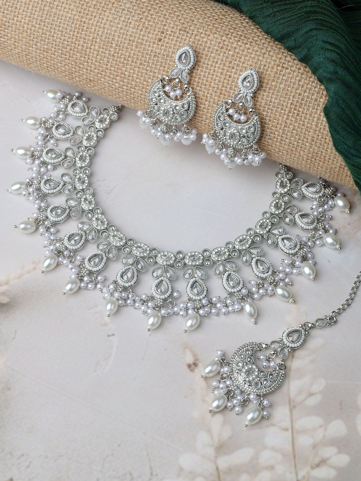 Vedika Pearl Necklace Set in Rhodium