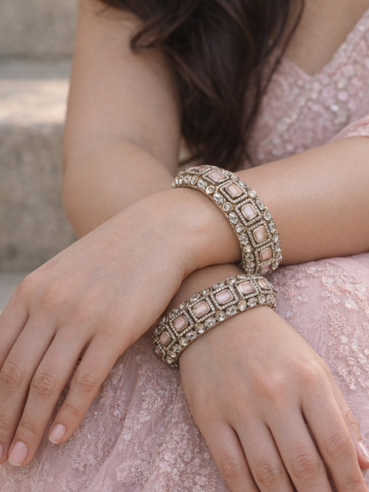 Vivaah Kundan Bangles in Pink and Antique Gold