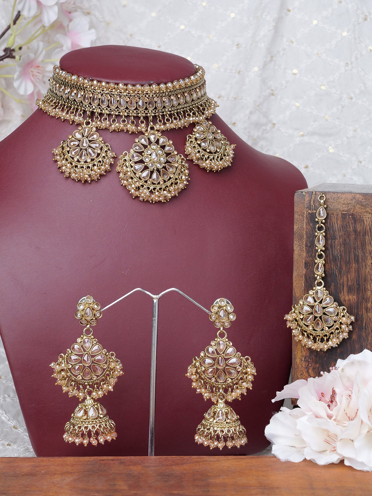 Yashvini Bridal Choker Set in Champagne Crystal and Antique Gold