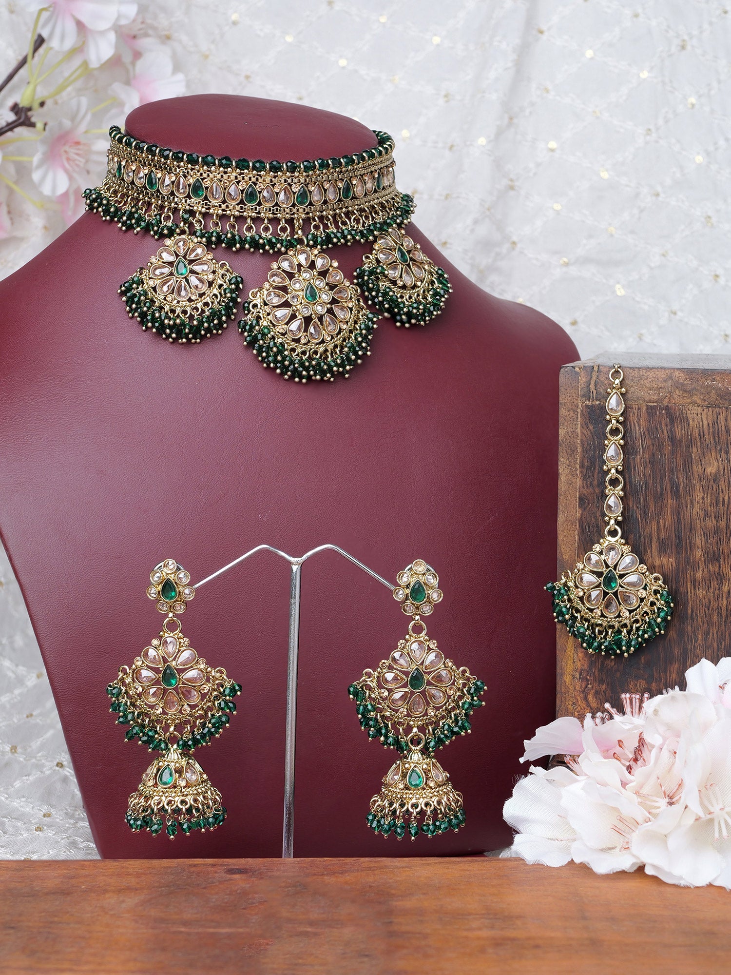 Yashvini Bridal Choker Set in Green and Antique Gold