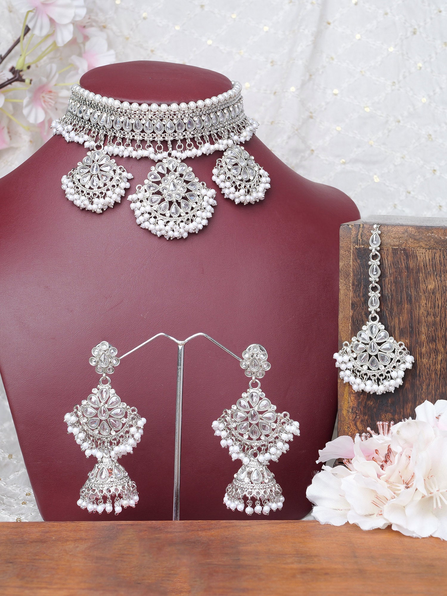 Yashvini Bridal Choker Set in Pearl and Rhodium