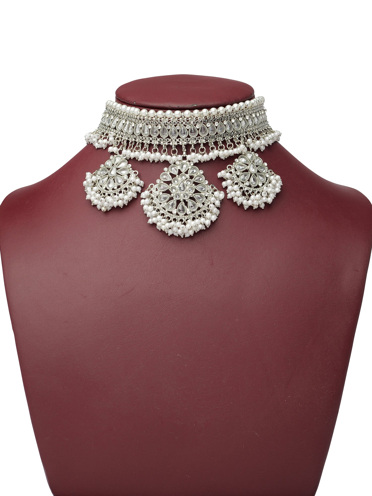 Yashvini Bridal Choker Set in Pearl and Rhodium