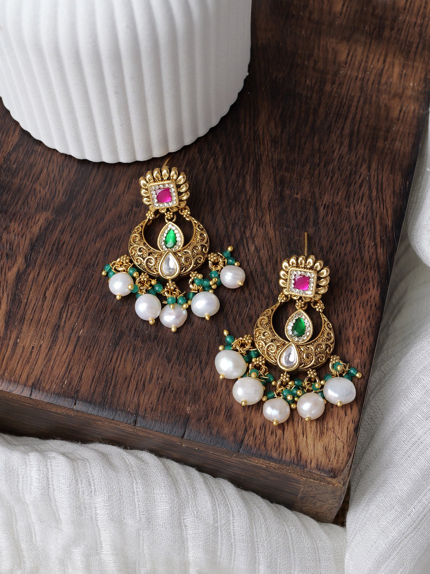 Zaria Multi Kundan Earrings in Green and Ruby