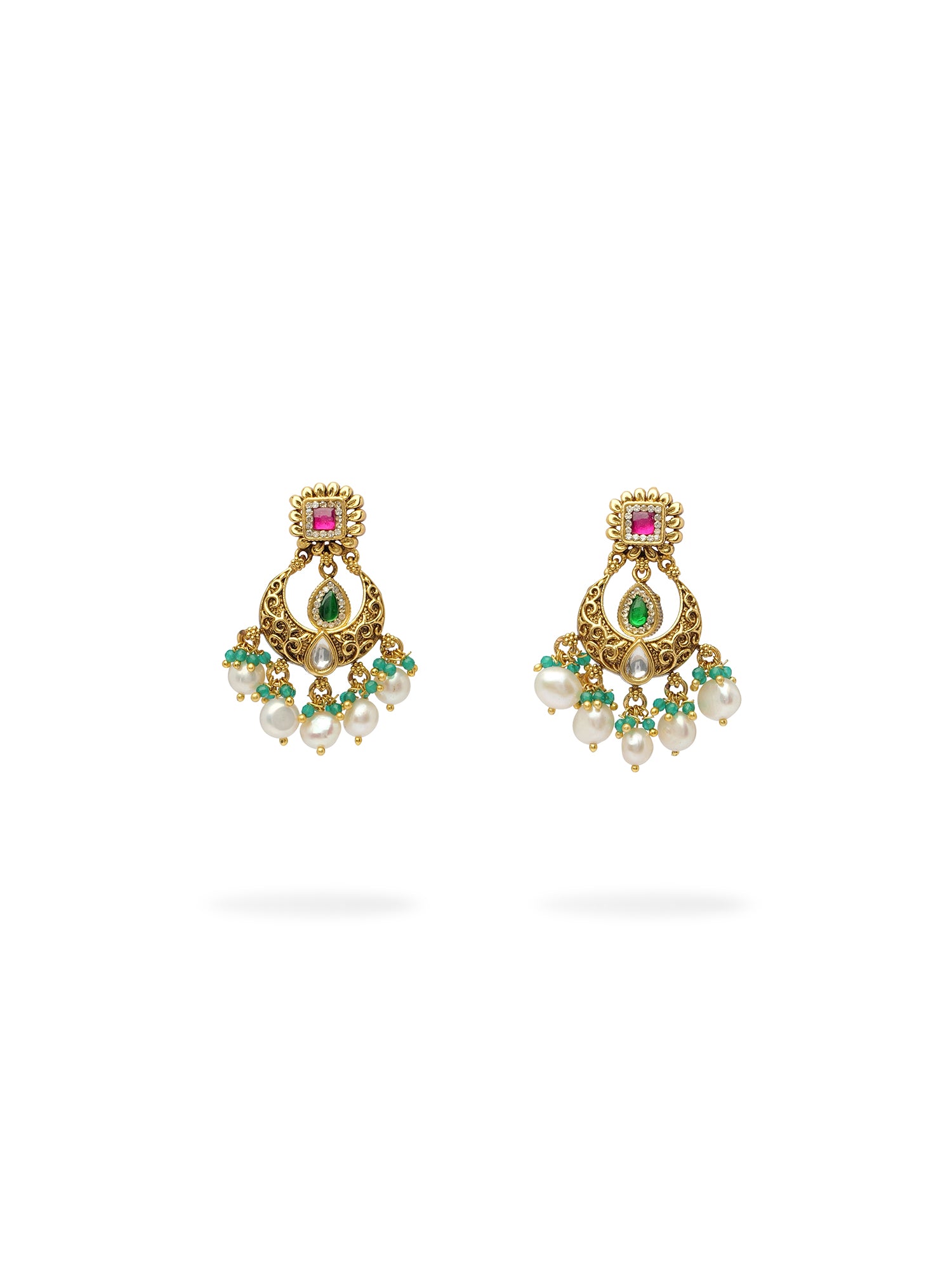Zaria Multi Kundan Earrings in Green and Ruby