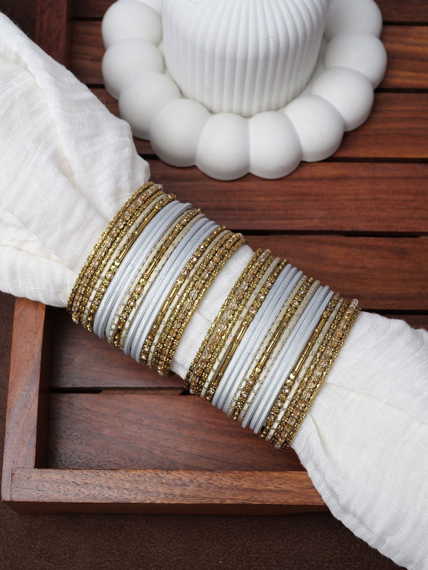 Zarina Antique Bangle Set in Silvery White