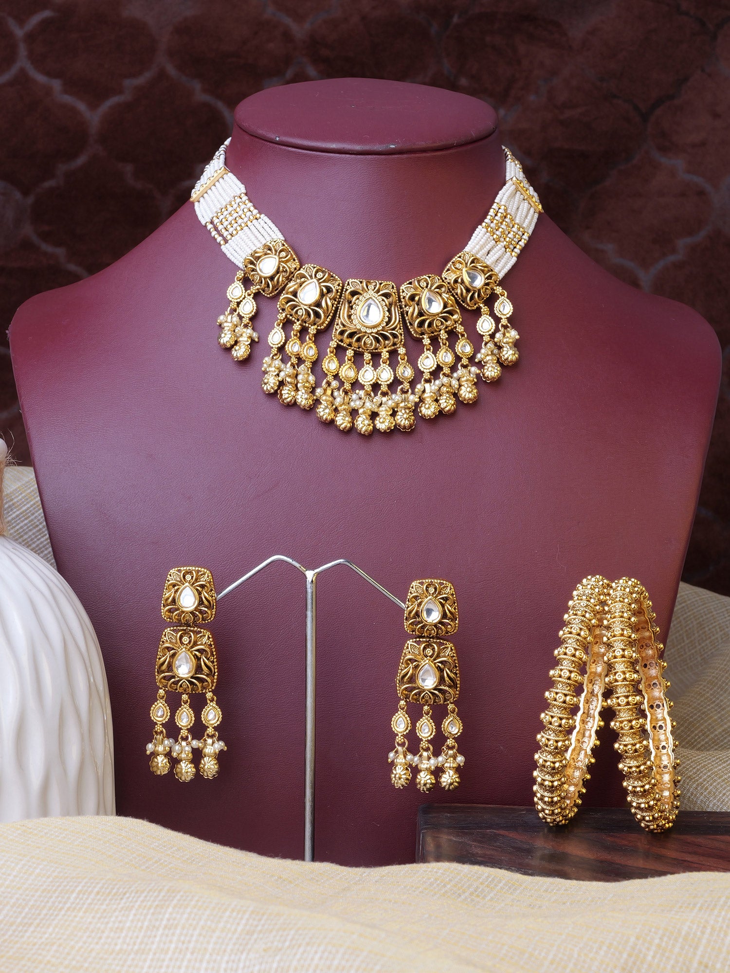 Zarmina Kundan Necklace Set in Pearl and Gold Oxidised