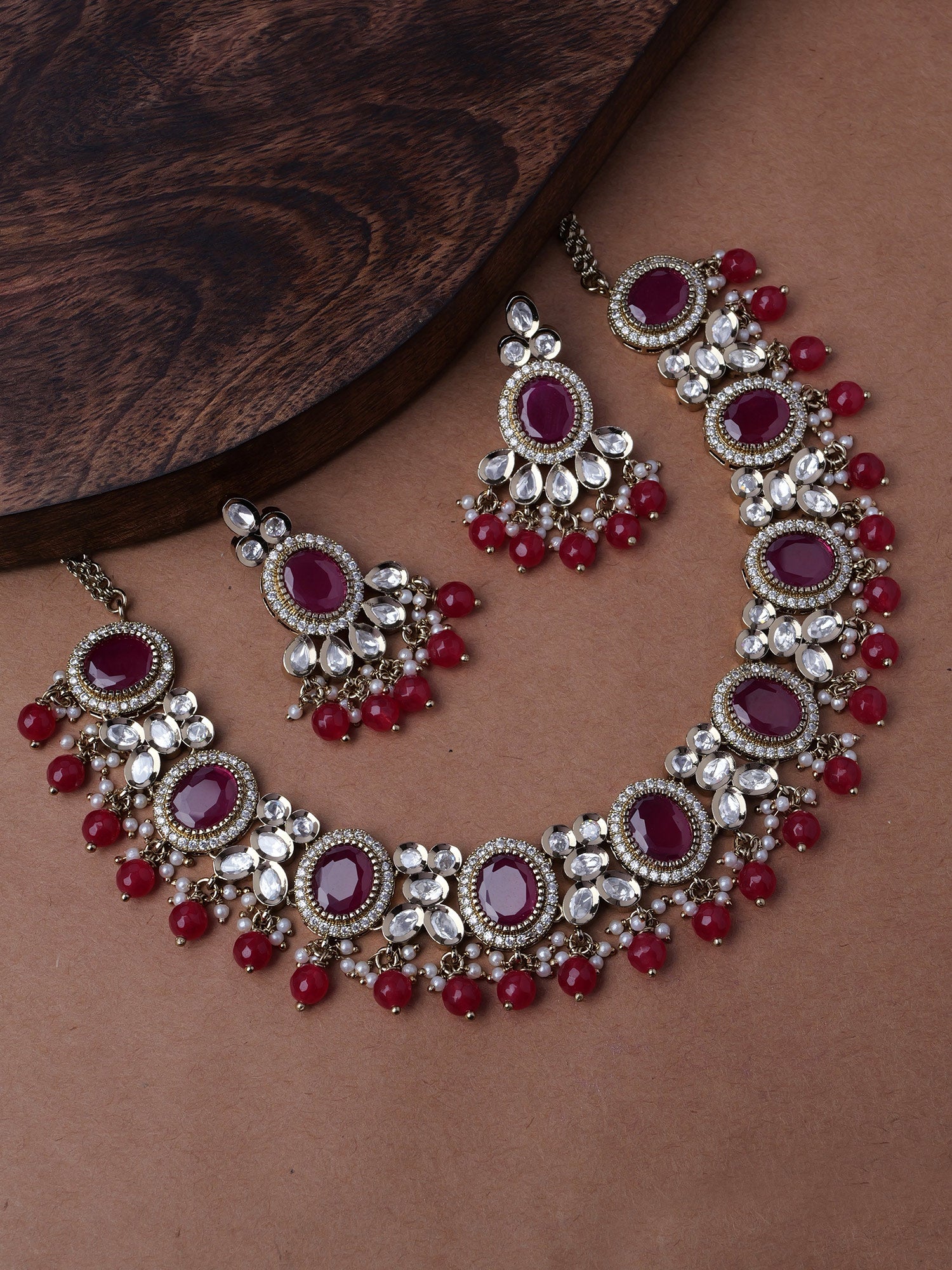 Zavira Kundan Necklace Set in Ruby