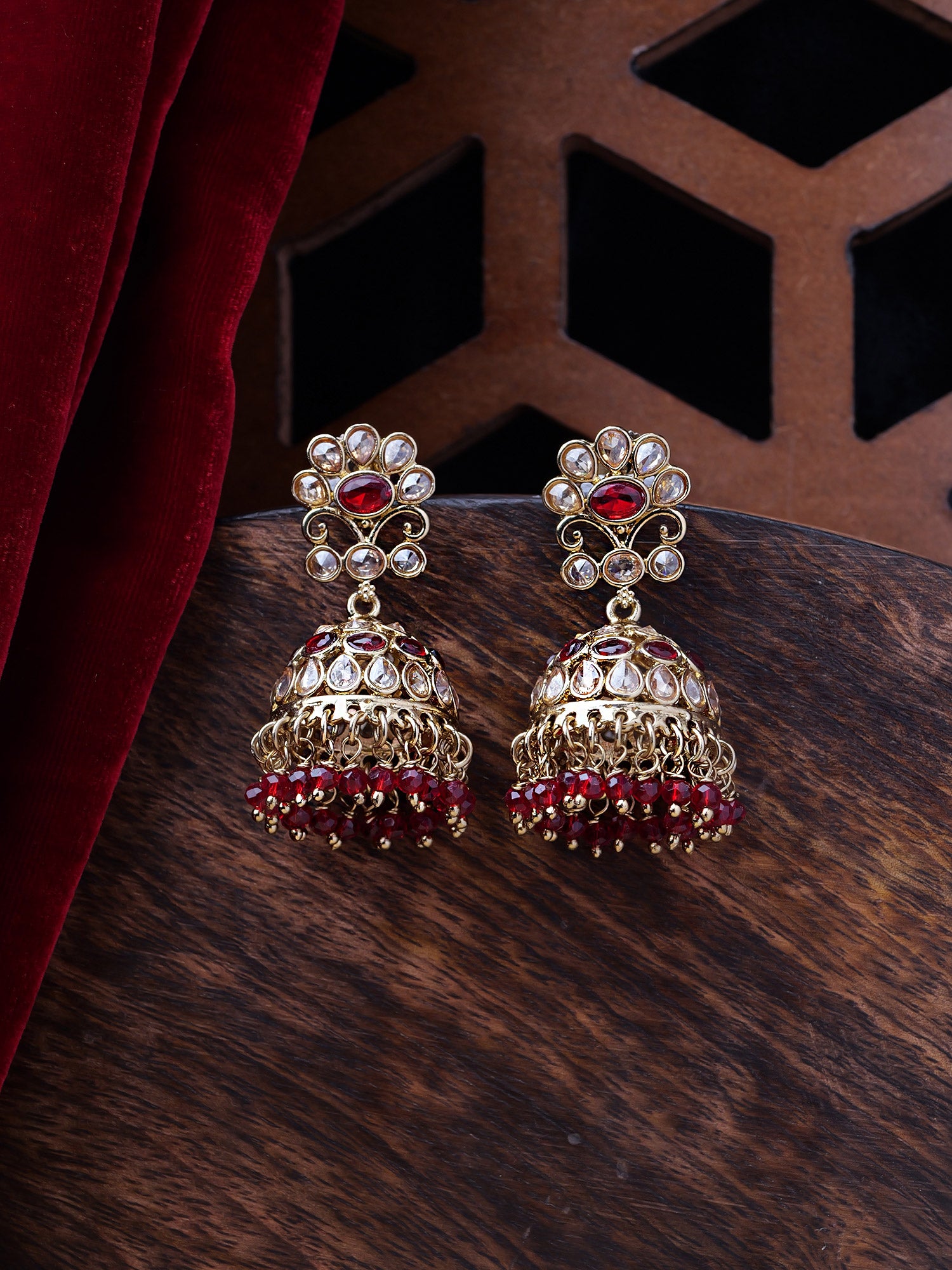 Zehra Jhumka Earrings in Maroon - Main Image