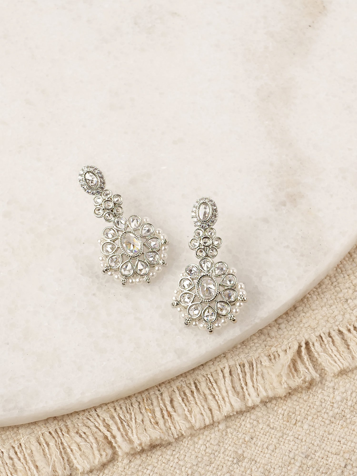 Zoha Bead Edge Earrings in Rhodium