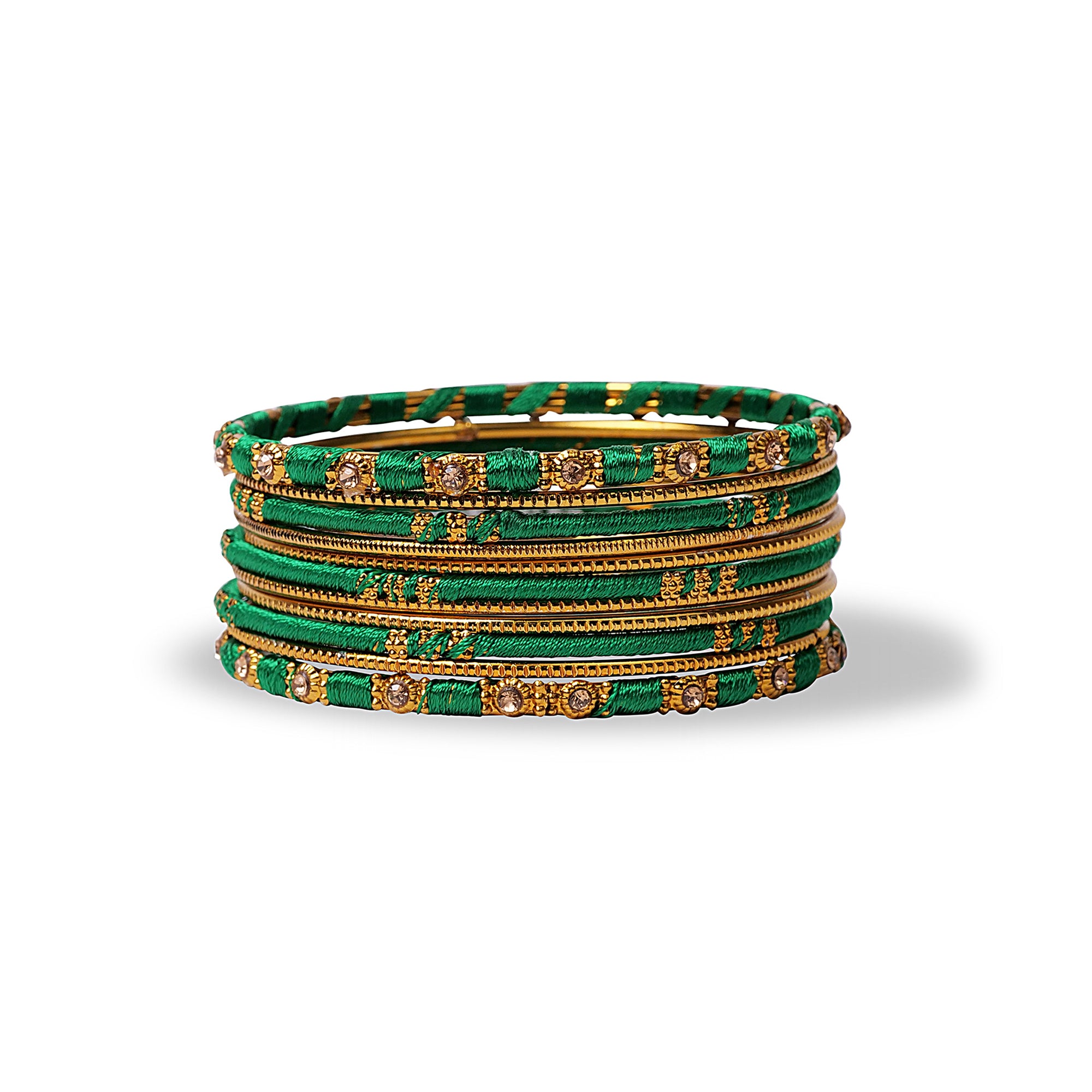 Green and Gold Thread Bangle Stack