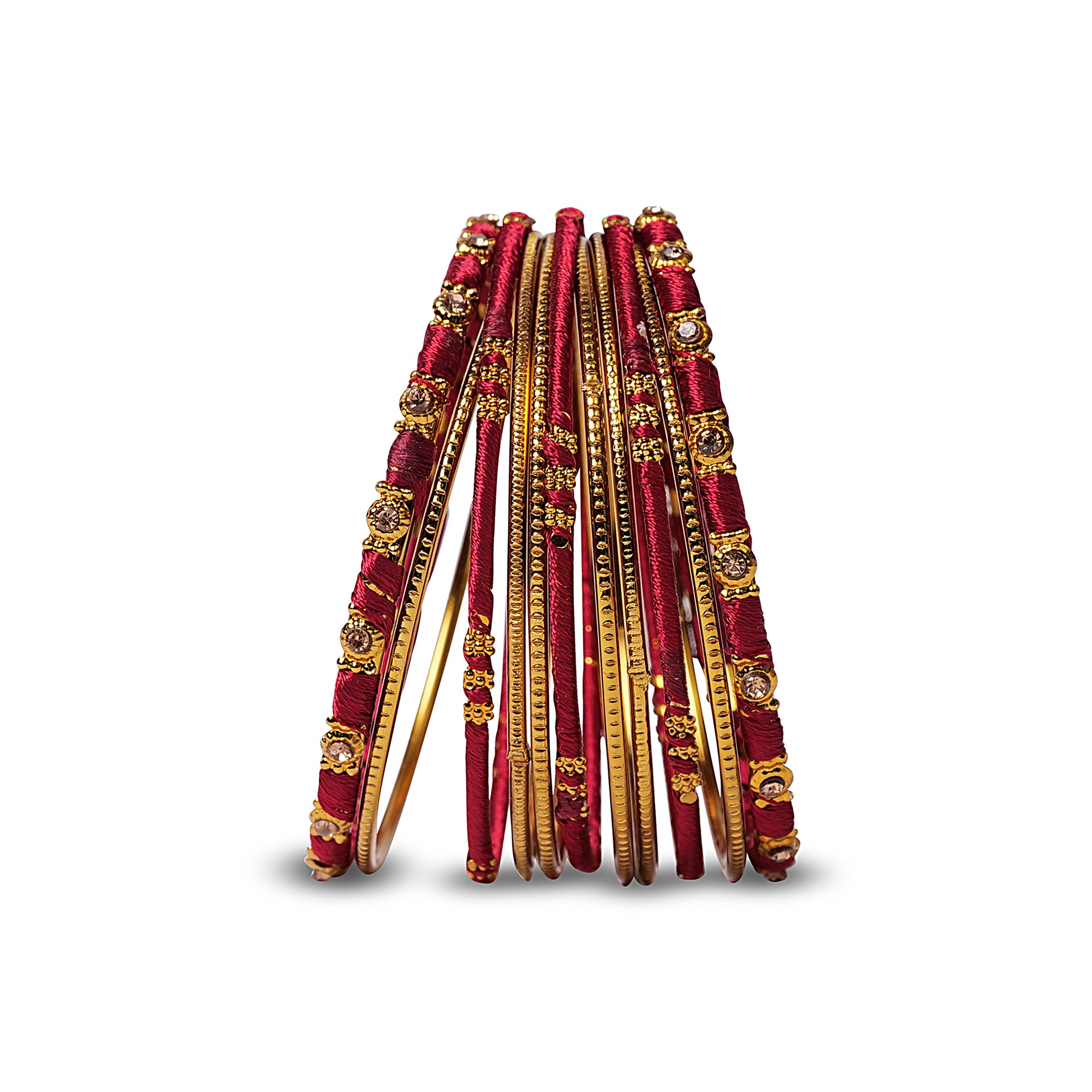 Maroon and Gold Thread Bangle Stack