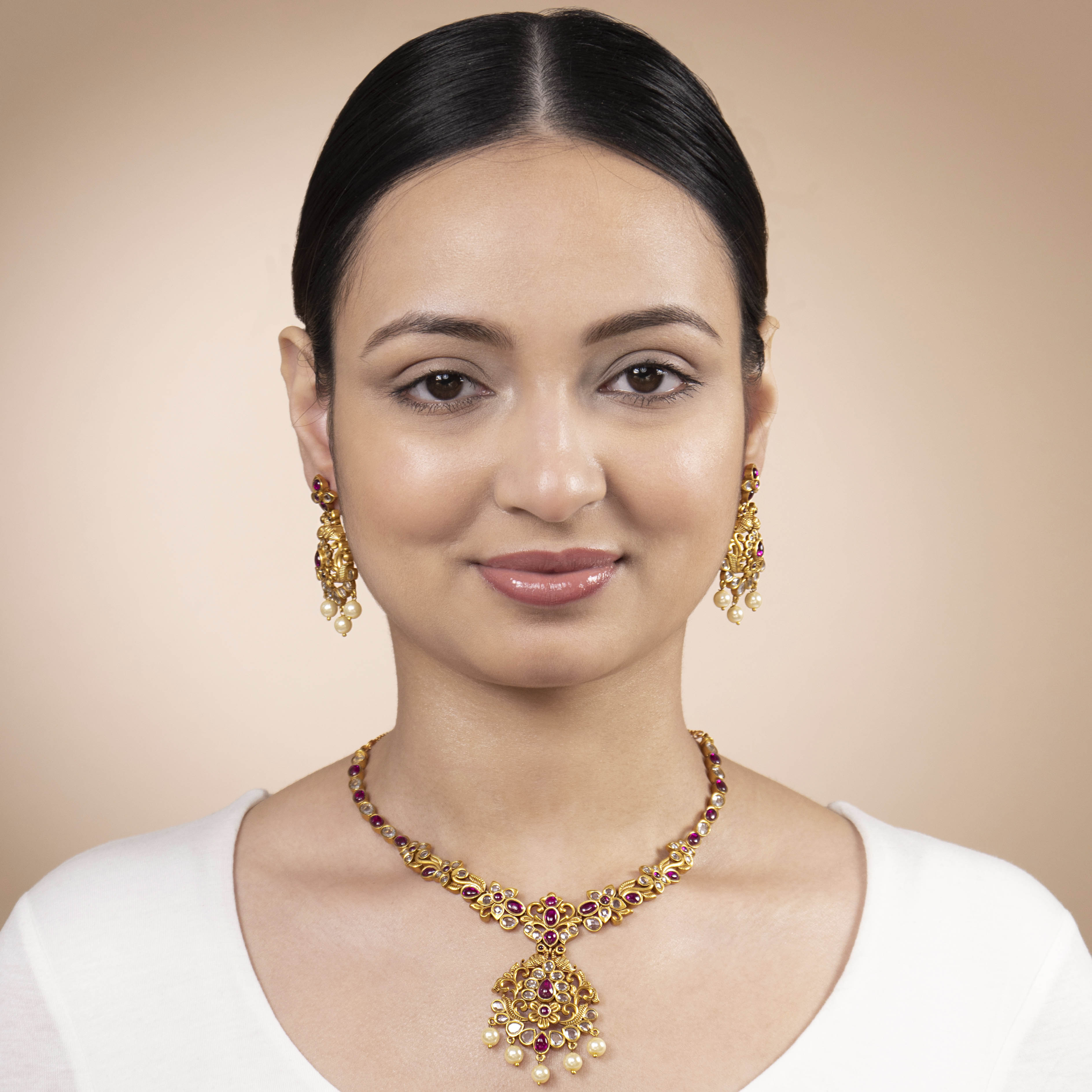 Darshini South-Indian Necklace Set in Ruby and White