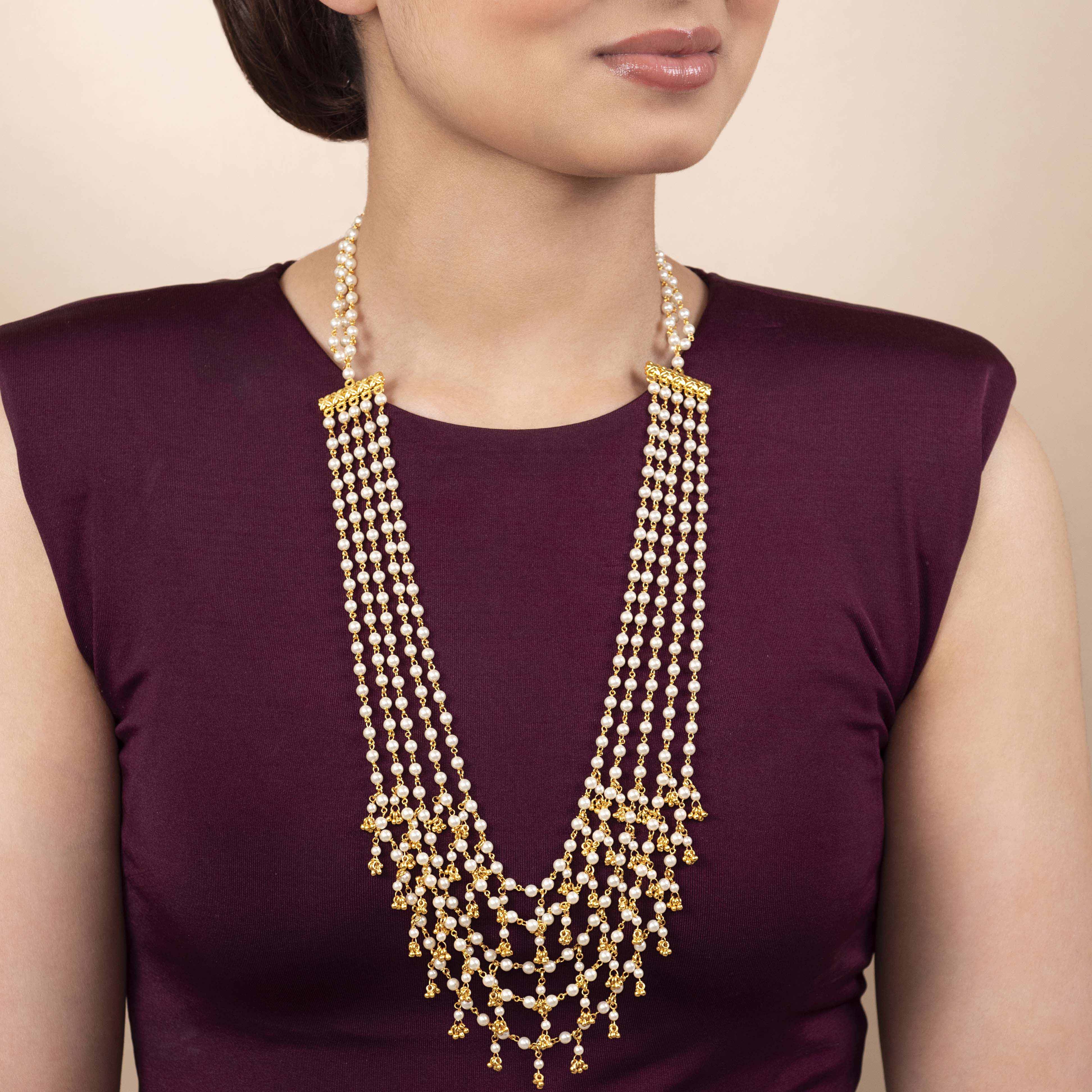 Layered Pearl and Gold Ghungroo Long Chain