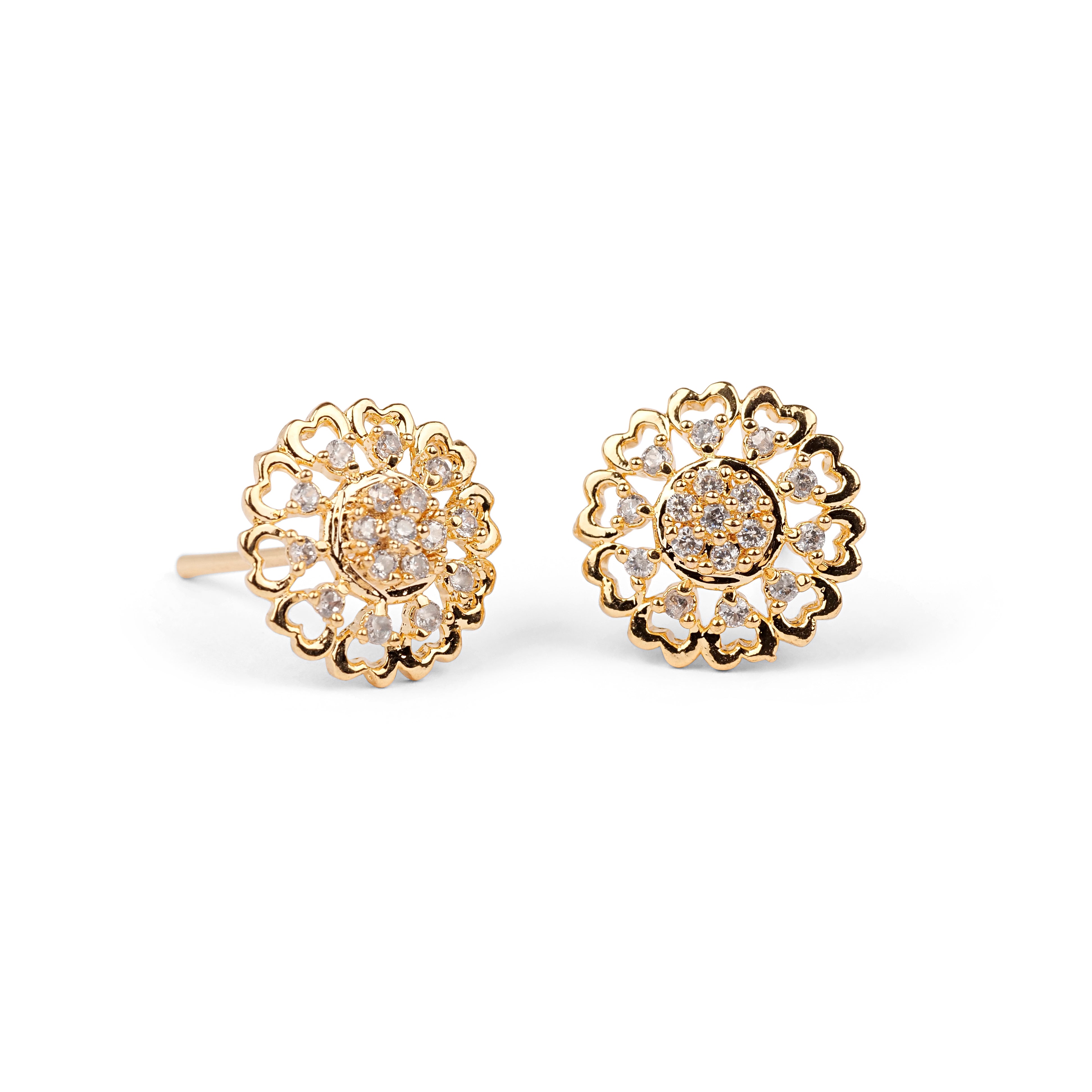 Heart Petal Cubic Zirconia Ear Studs in Gold