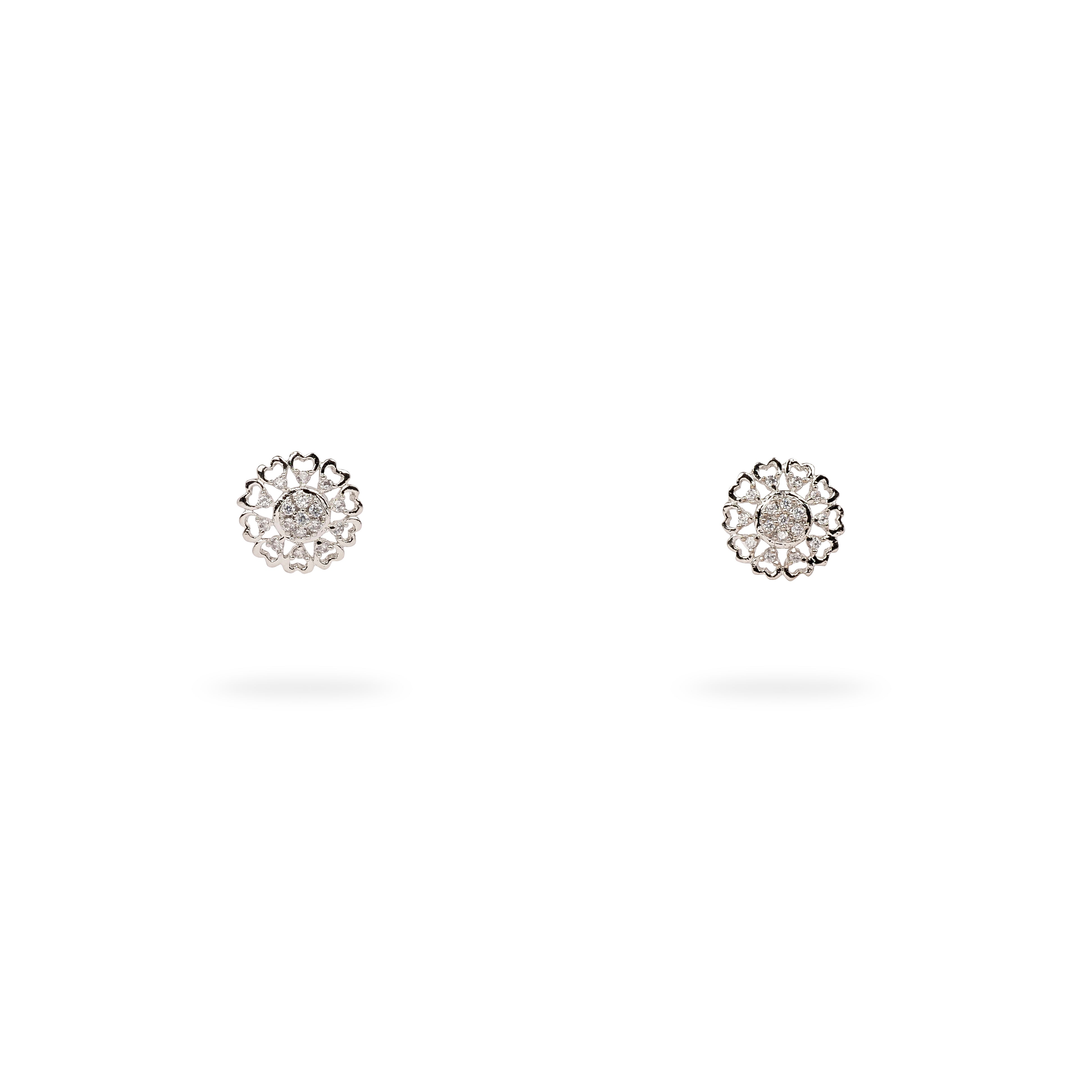 Heart Petal Cubic Zirconia Ear Studs in Rhodium