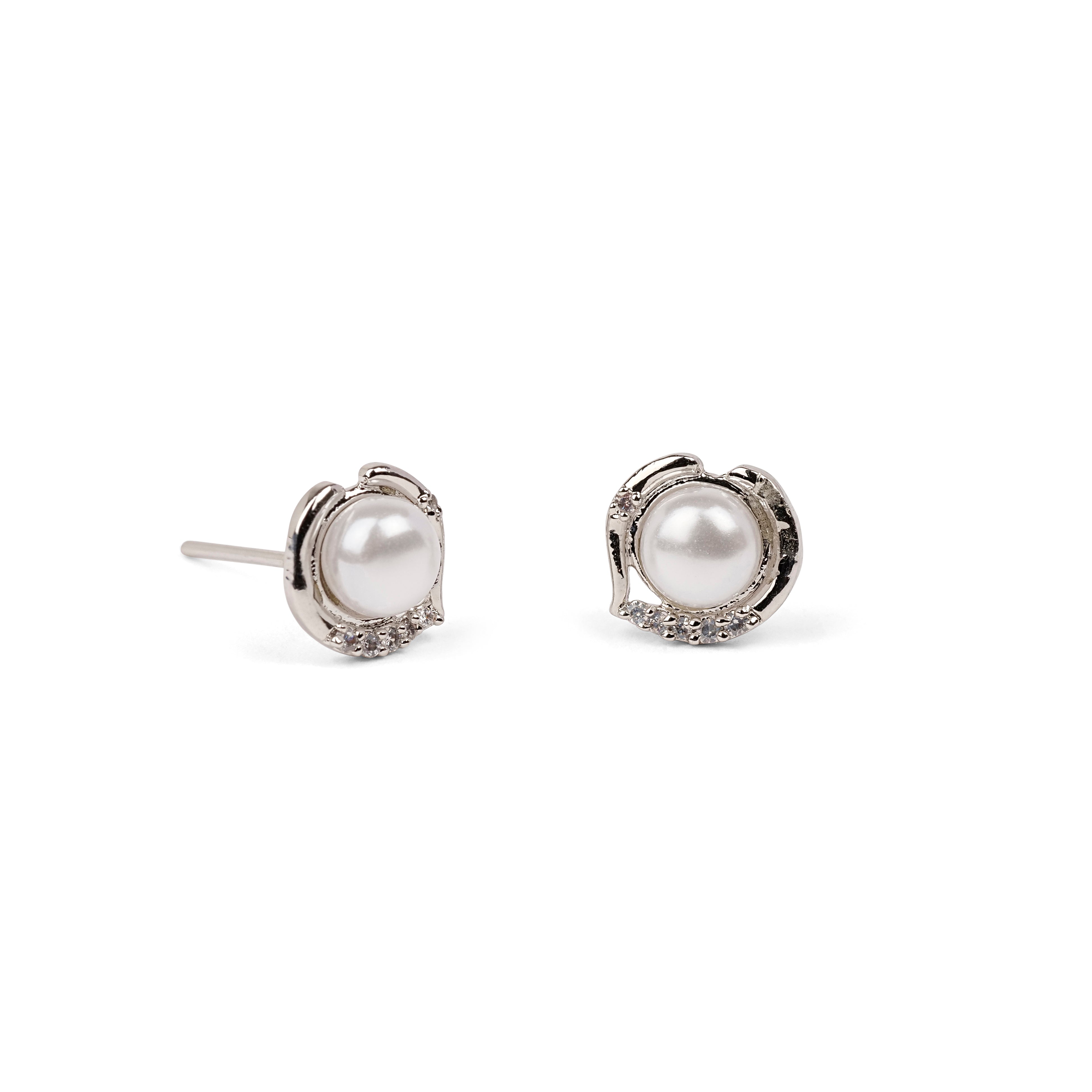 Elegant Pearl Ear Studs in Rhodium