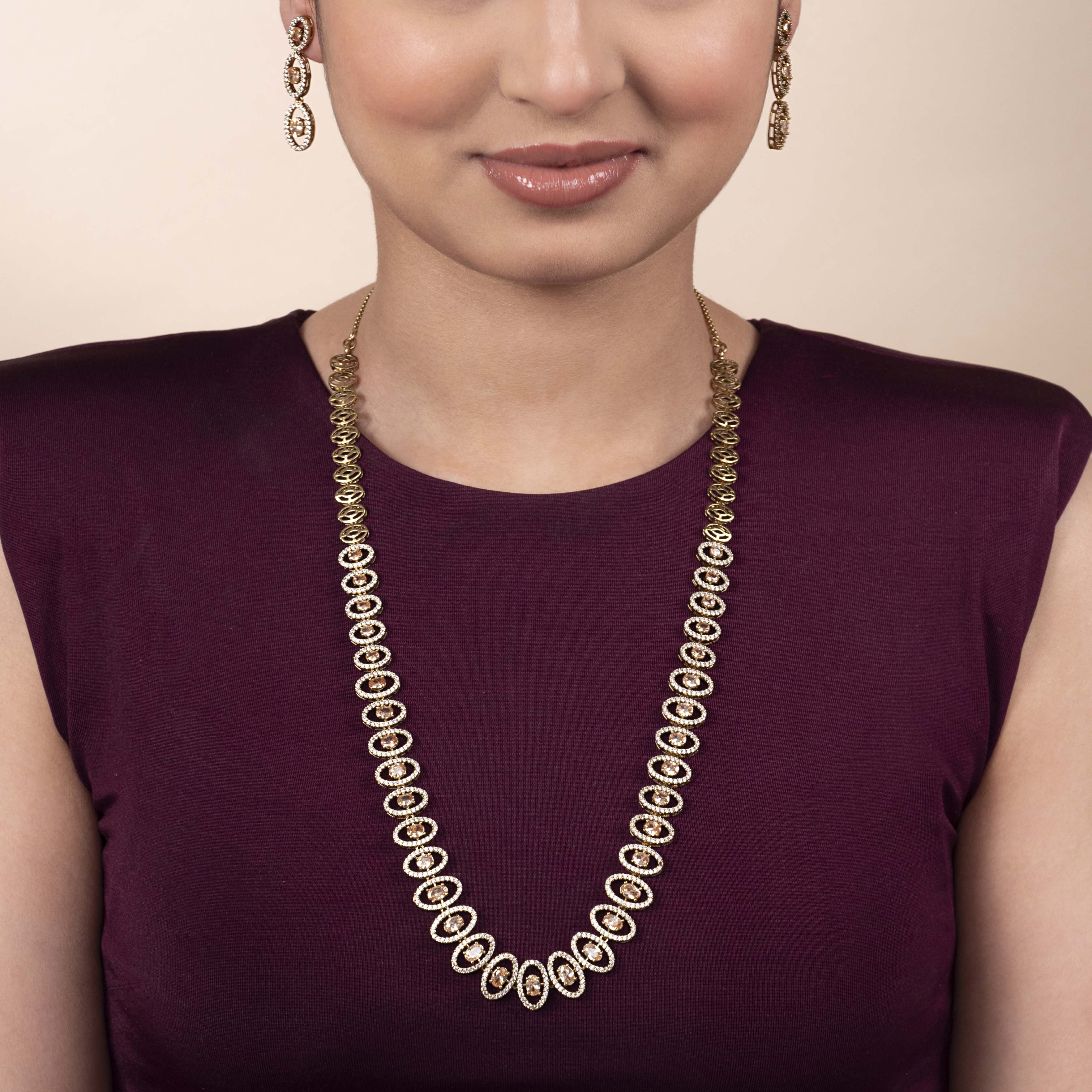 Ada Oval Cubic Zirconia Long Necklace Set in Light Topaz