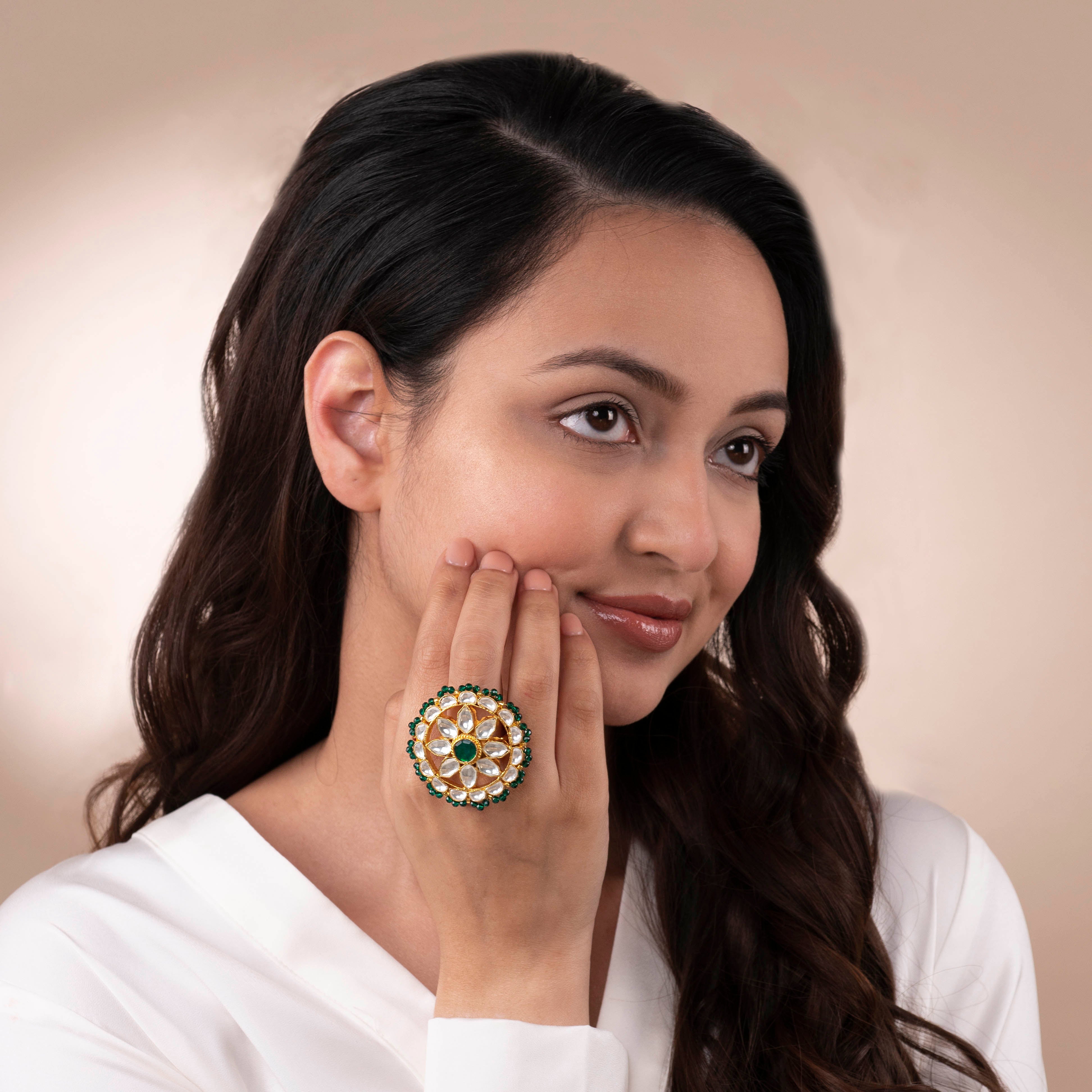 Ayushi Kundan Ring in Green