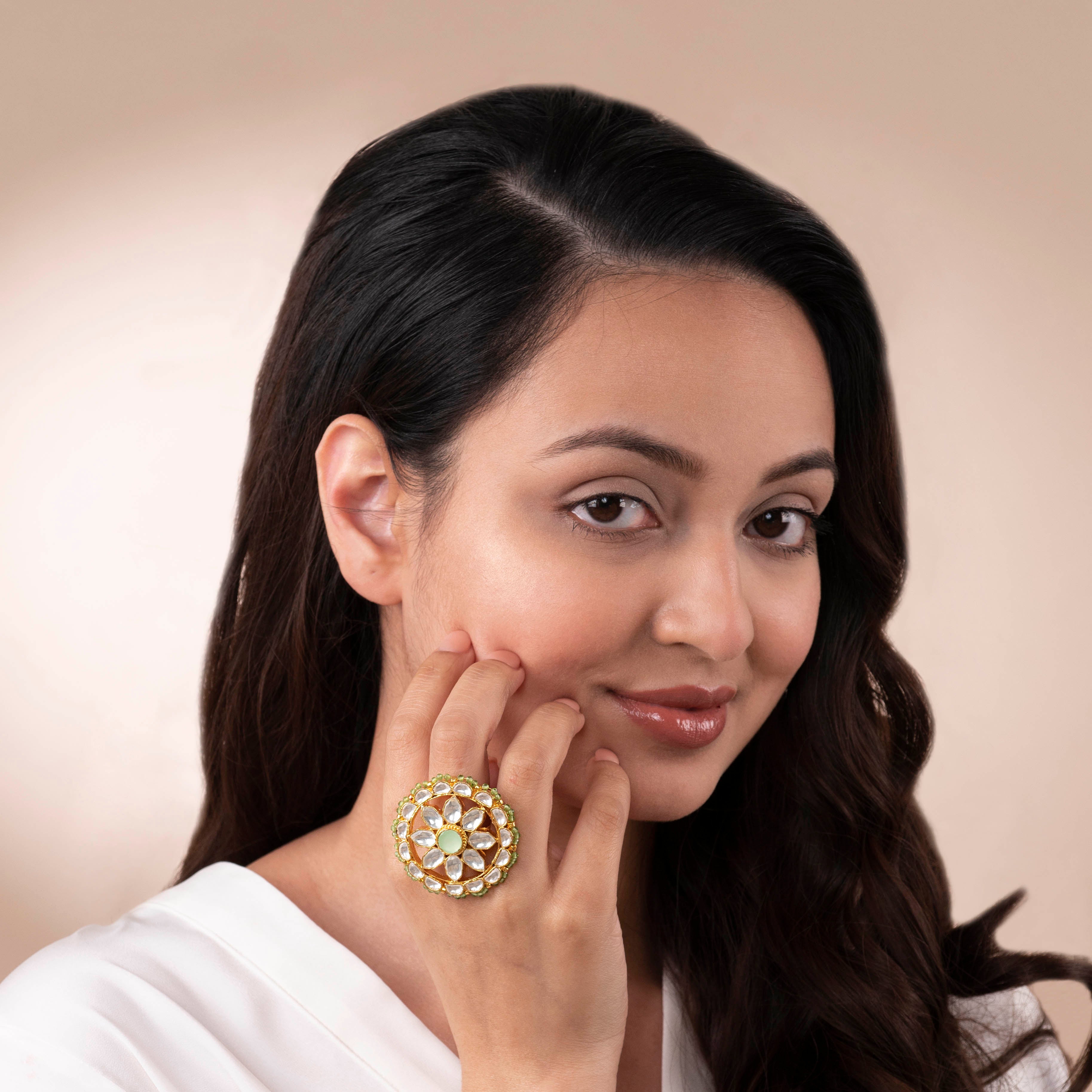 Ayushi Kundan Ring in Mint