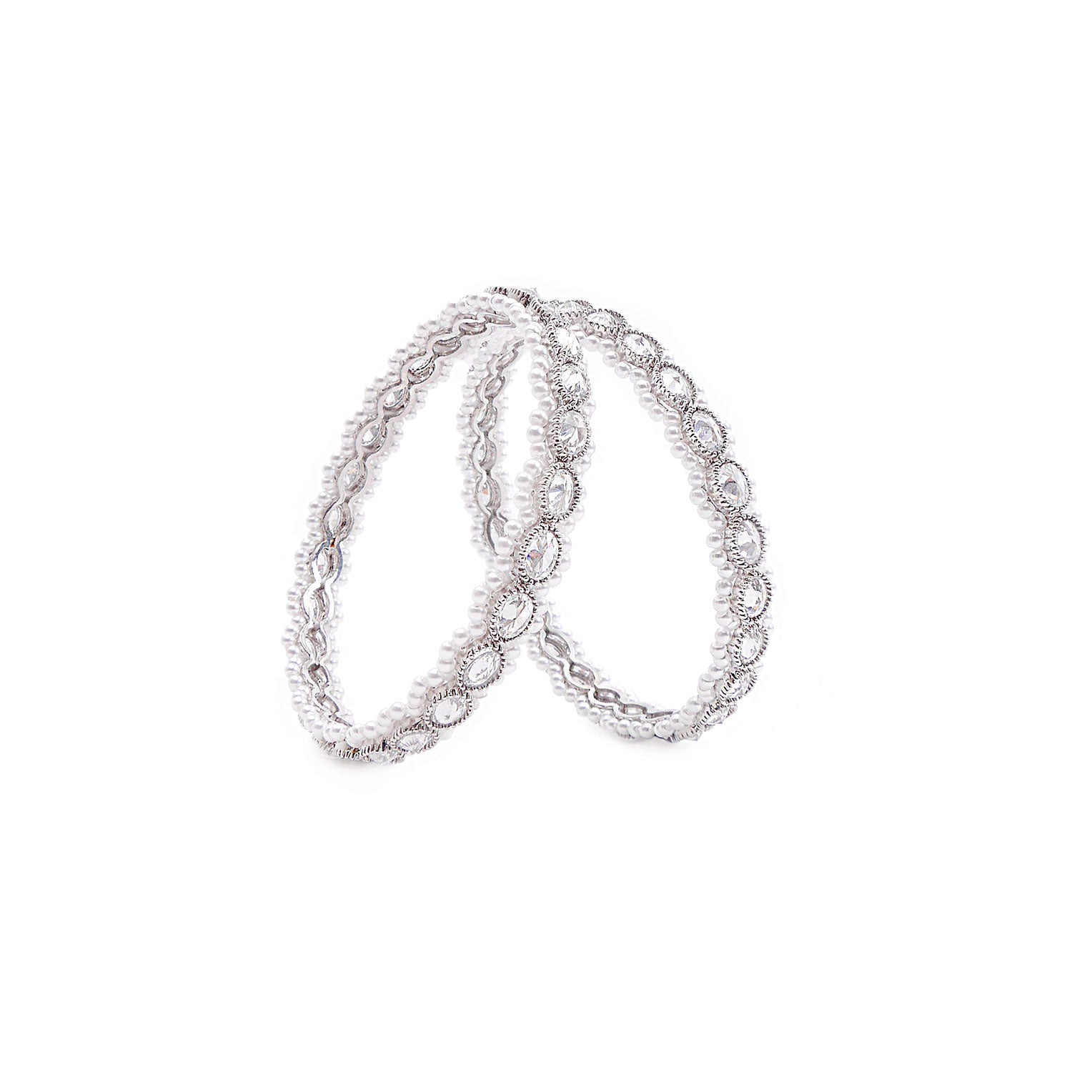 Rhodium Oval and Pearl Bangles