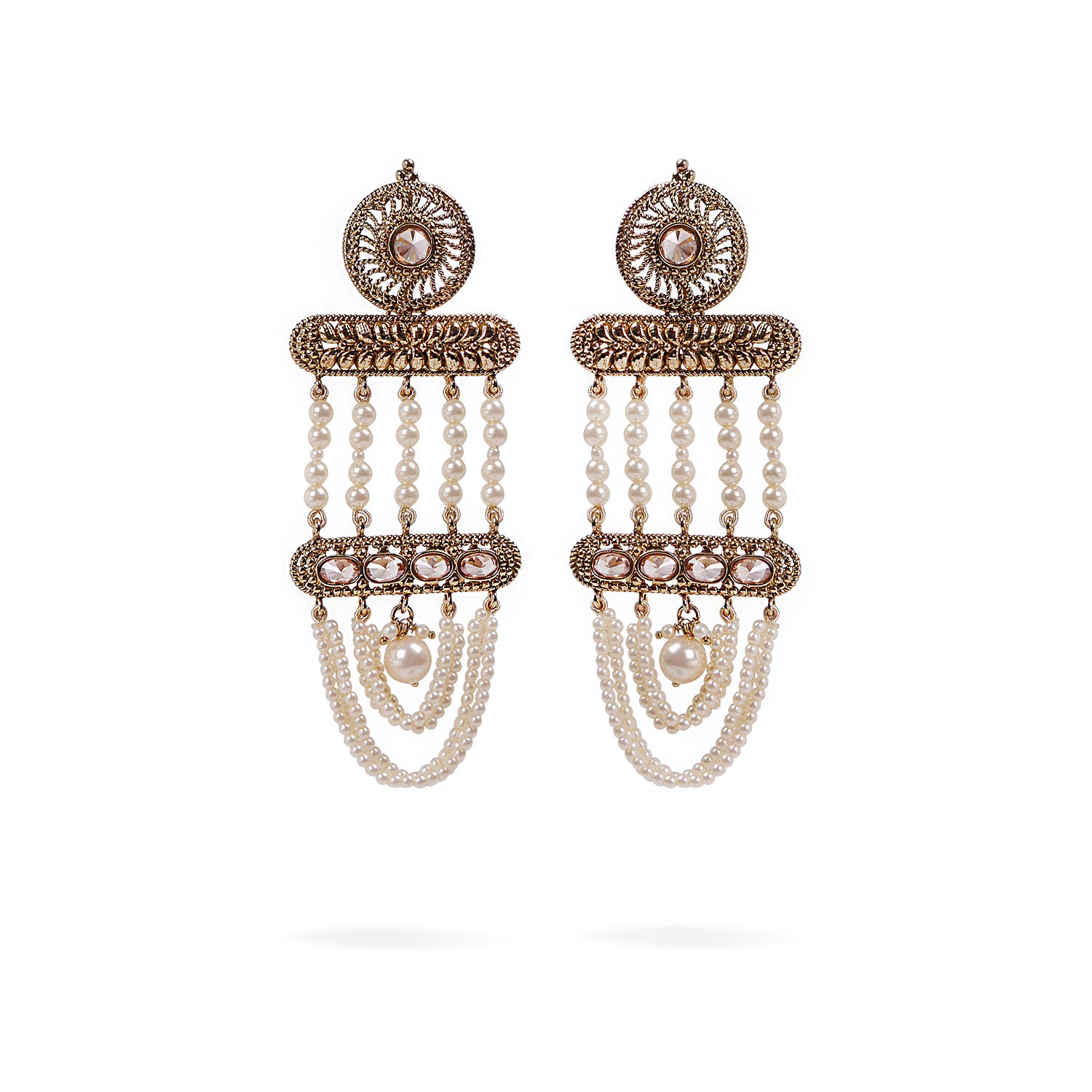Jiyana Long Earrings in Pearl and Antique Gold