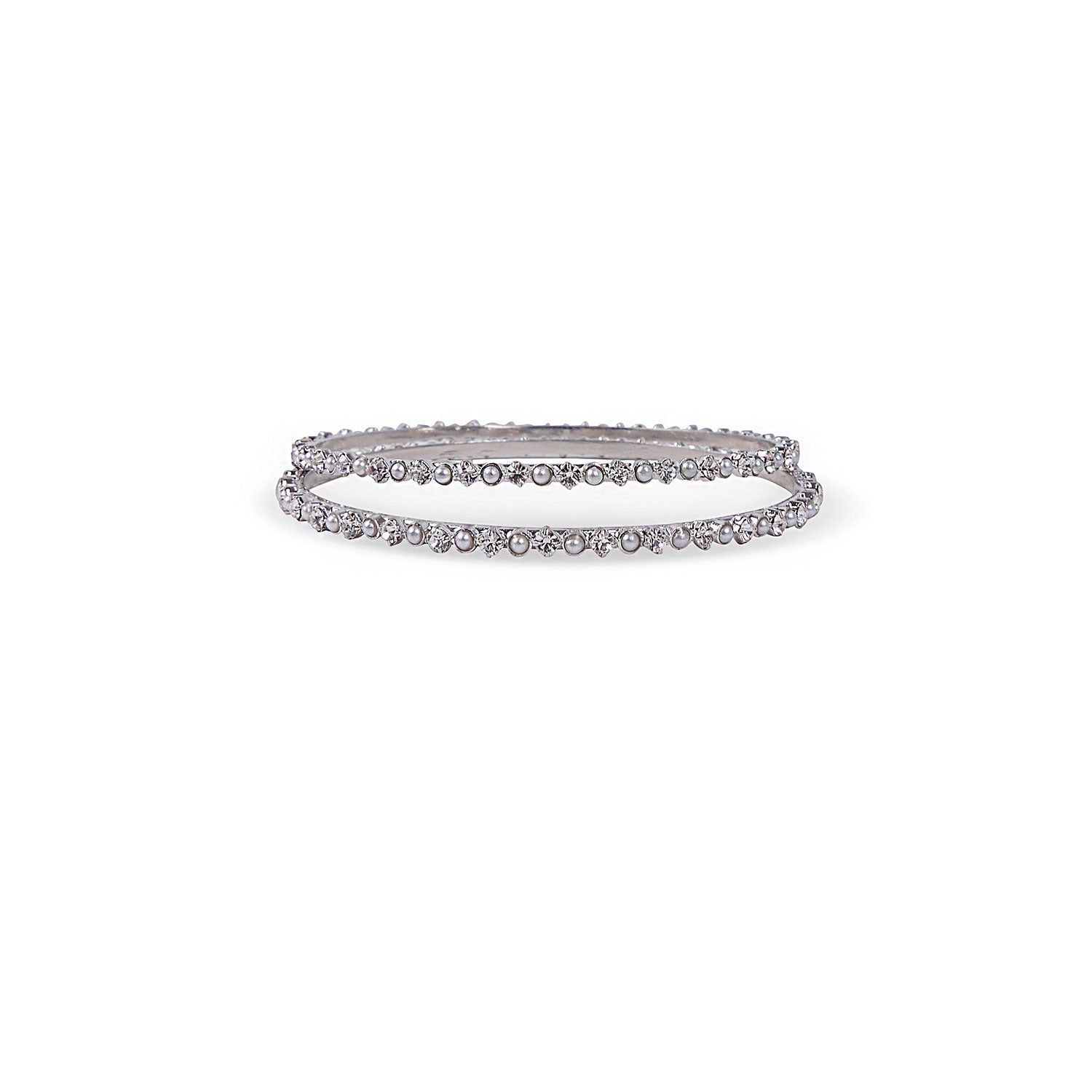Thin Pearl and White Bangles in Rhodium