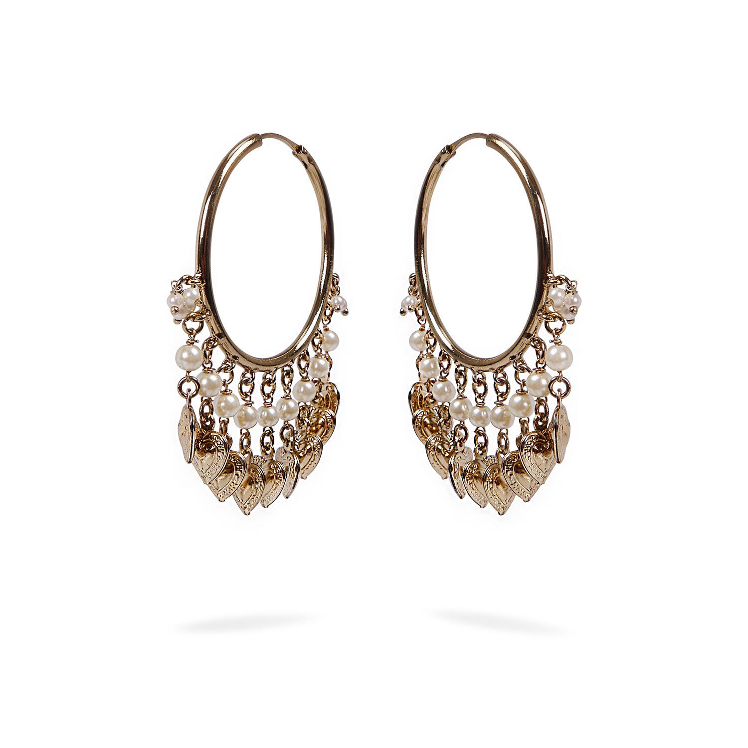 Heart and Pearl Hoops in Antique Gold