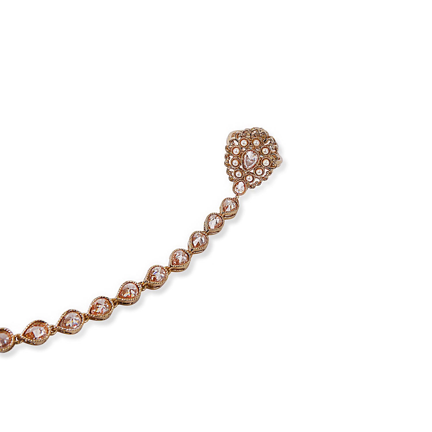 Double Teardrop Hand Chain in Pearl and Antique Gold