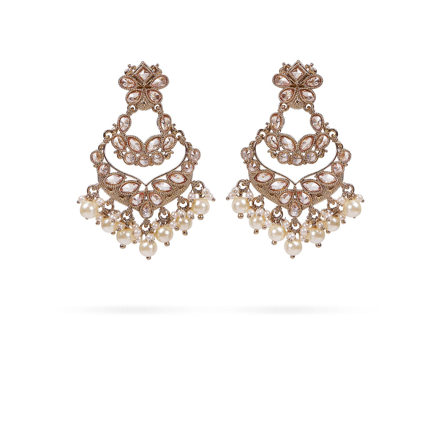Double Layer Chandbali Earrings in Pearl and Antique Gold