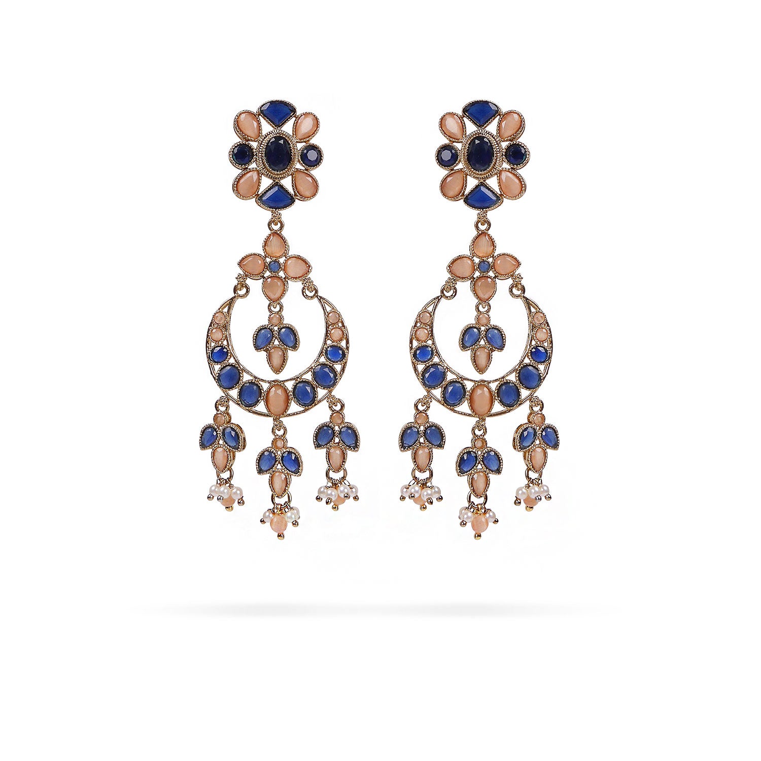 Mariana Long Crystal Earrings in Navy and Peach