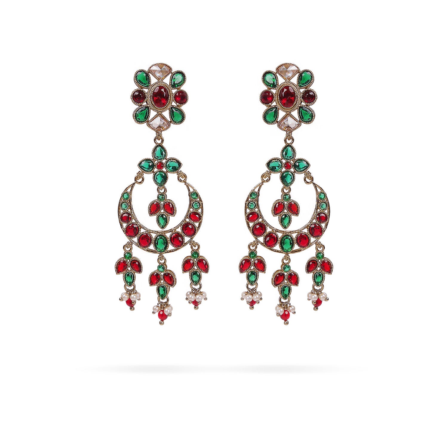 Mariana Long Crystal Earrings in Green and Maroon