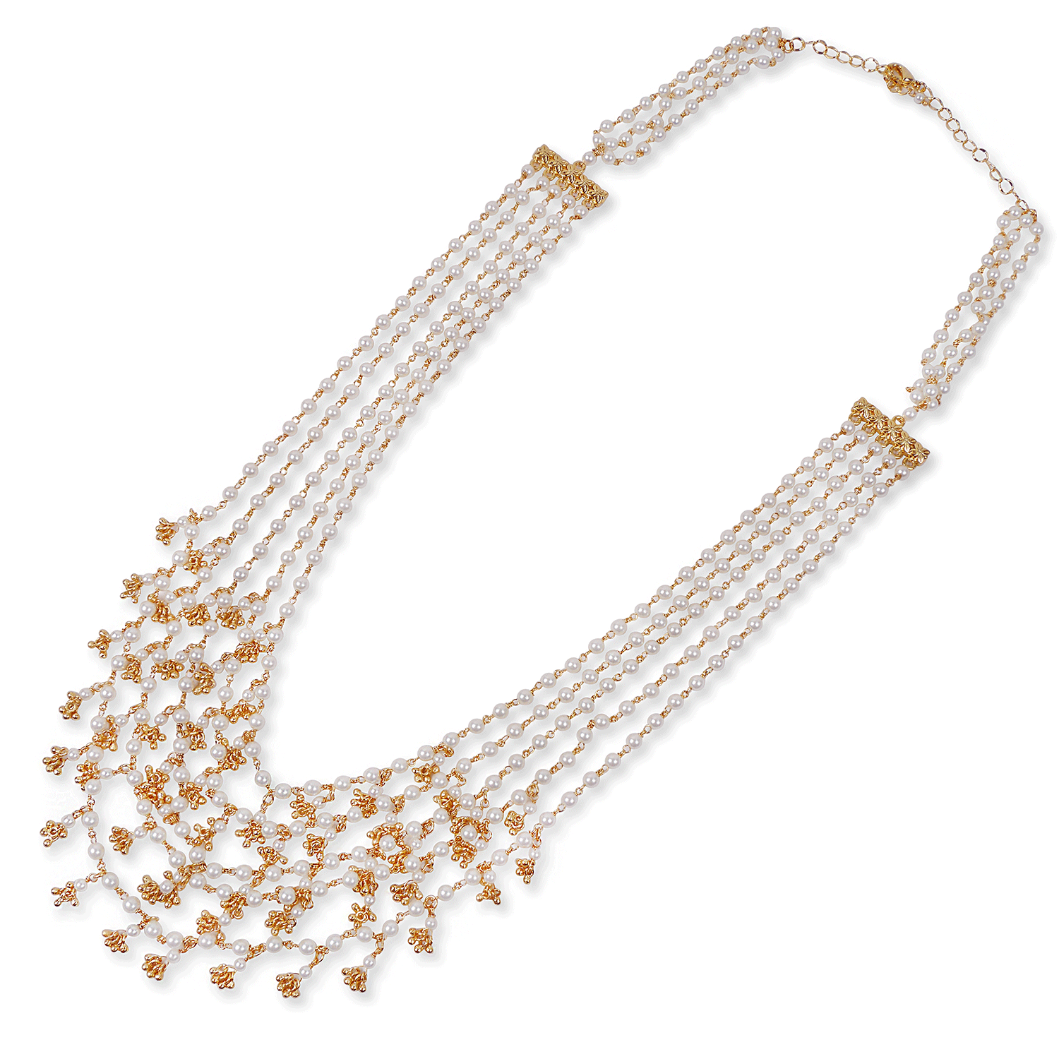 Layered Pearl and Gold Ghungroo Long Chain