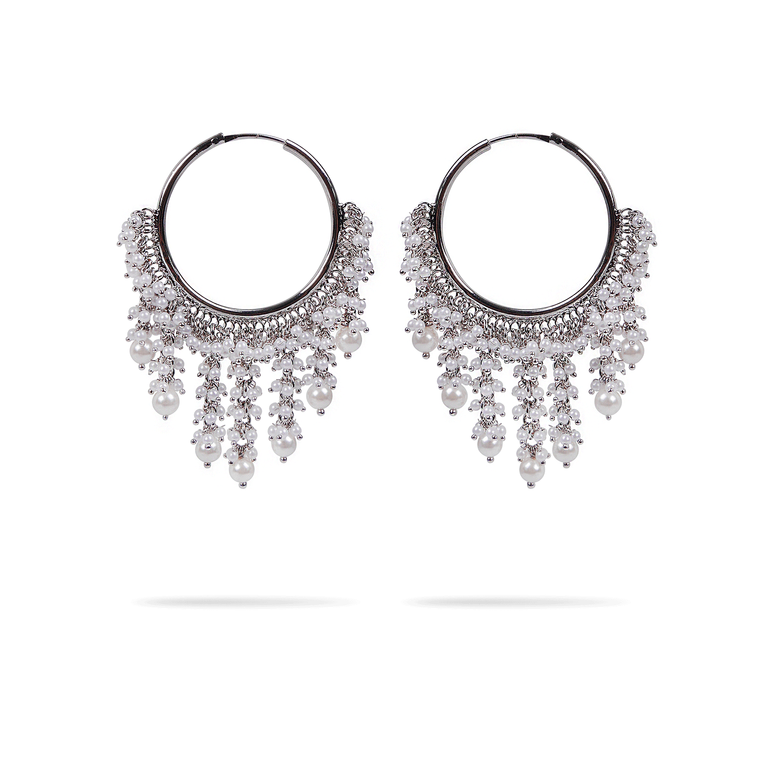 Cascading Pearl Rhodium Hoops