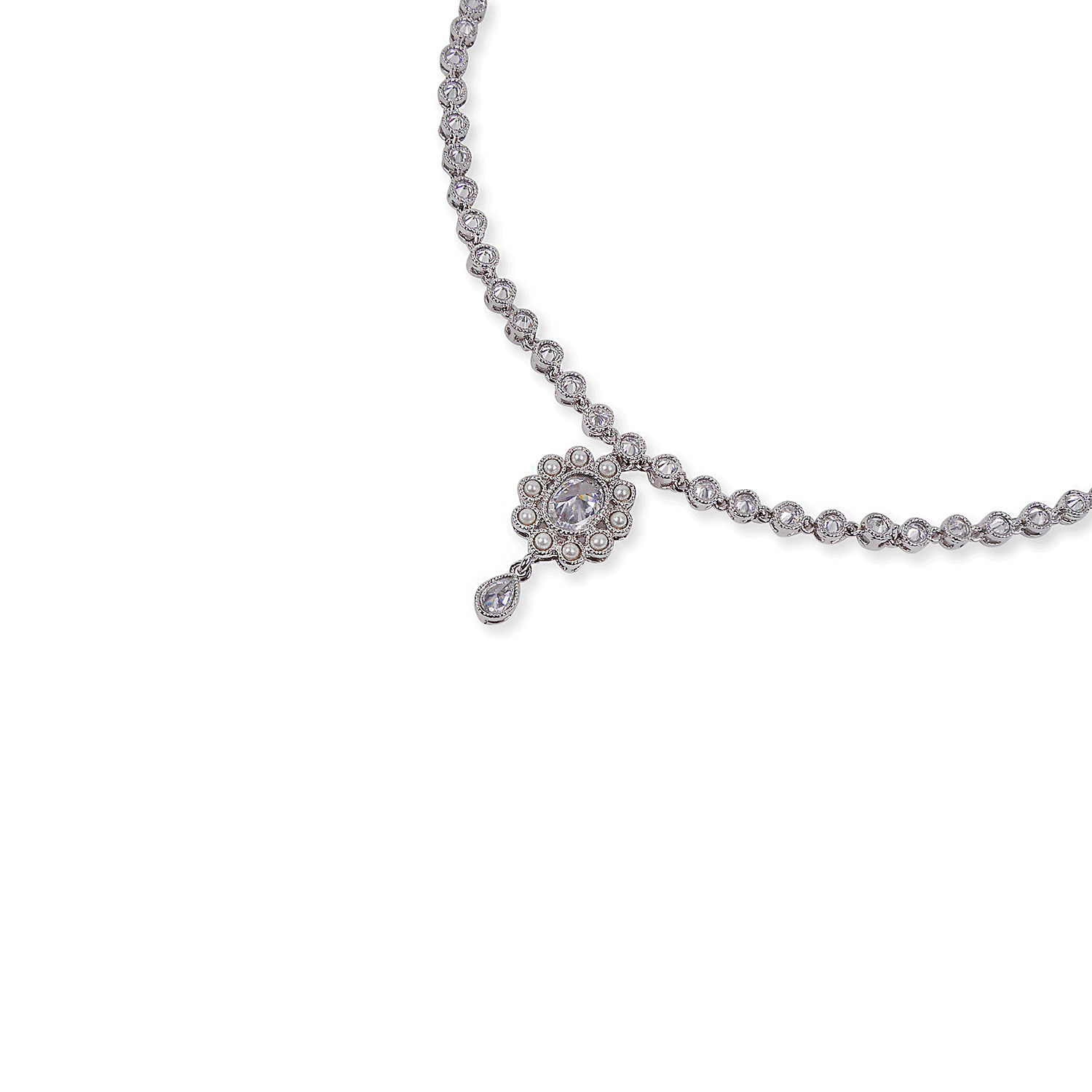 Simple Floral Necklace Set in Pearl and Rhodium