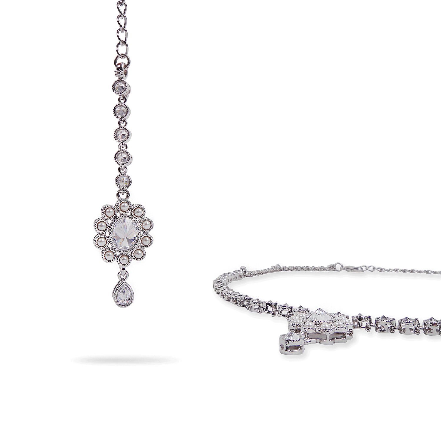 Simple Floral Necklace Set in Pearl and Rhodium