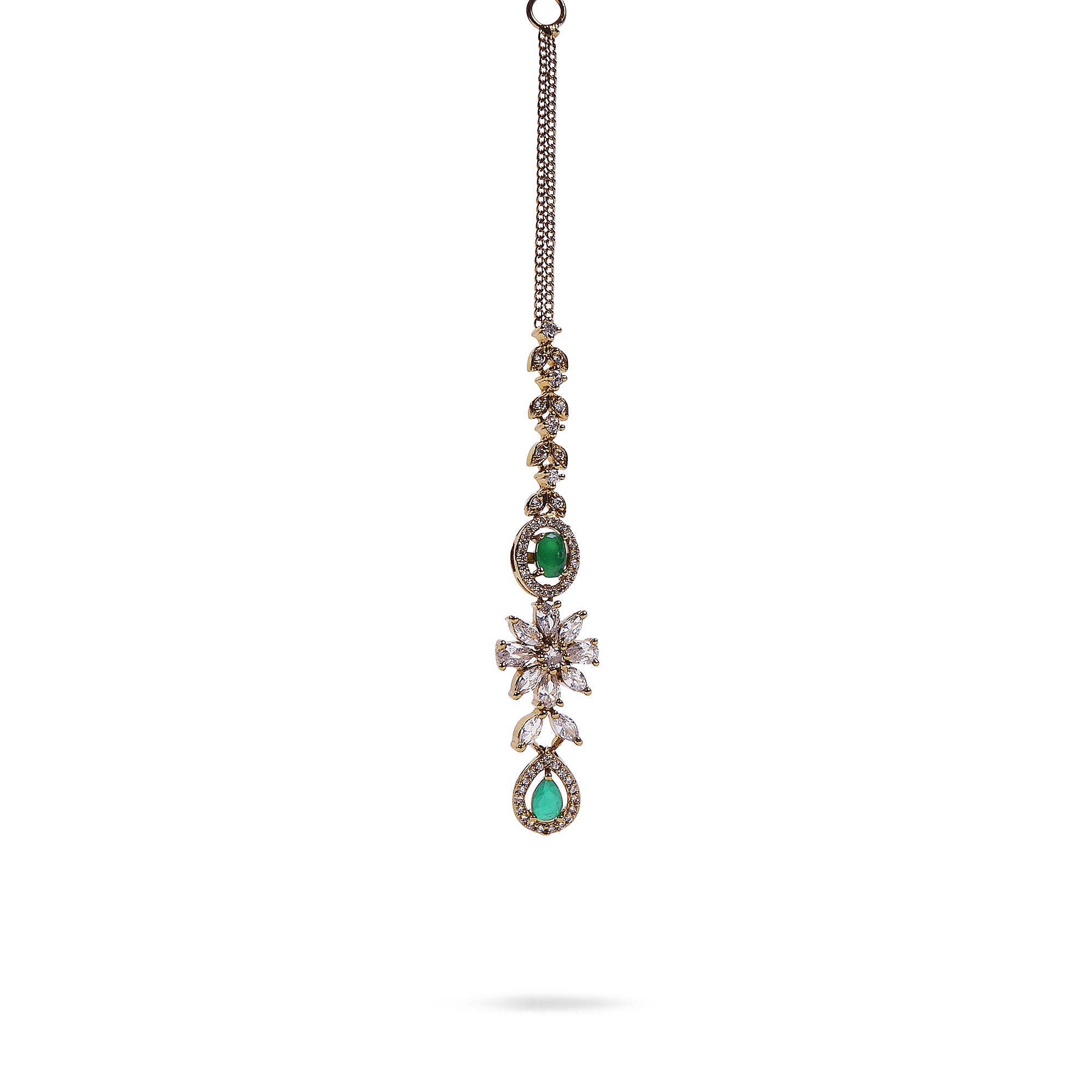 Floral Cubic Zirconia Maang Tikka in Green