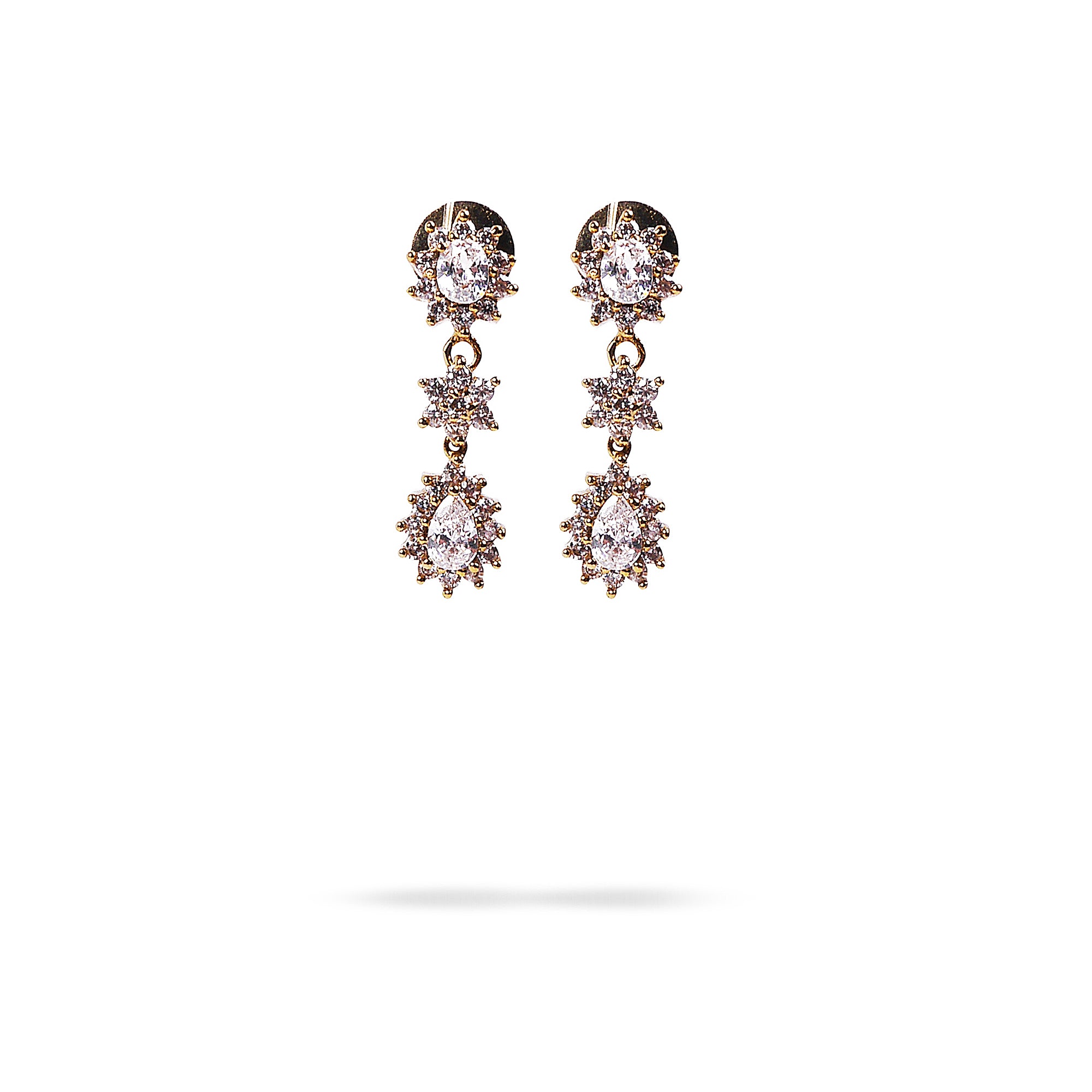 Teardrop Star Cubic Zirconia Earrings in White and Antique Gold