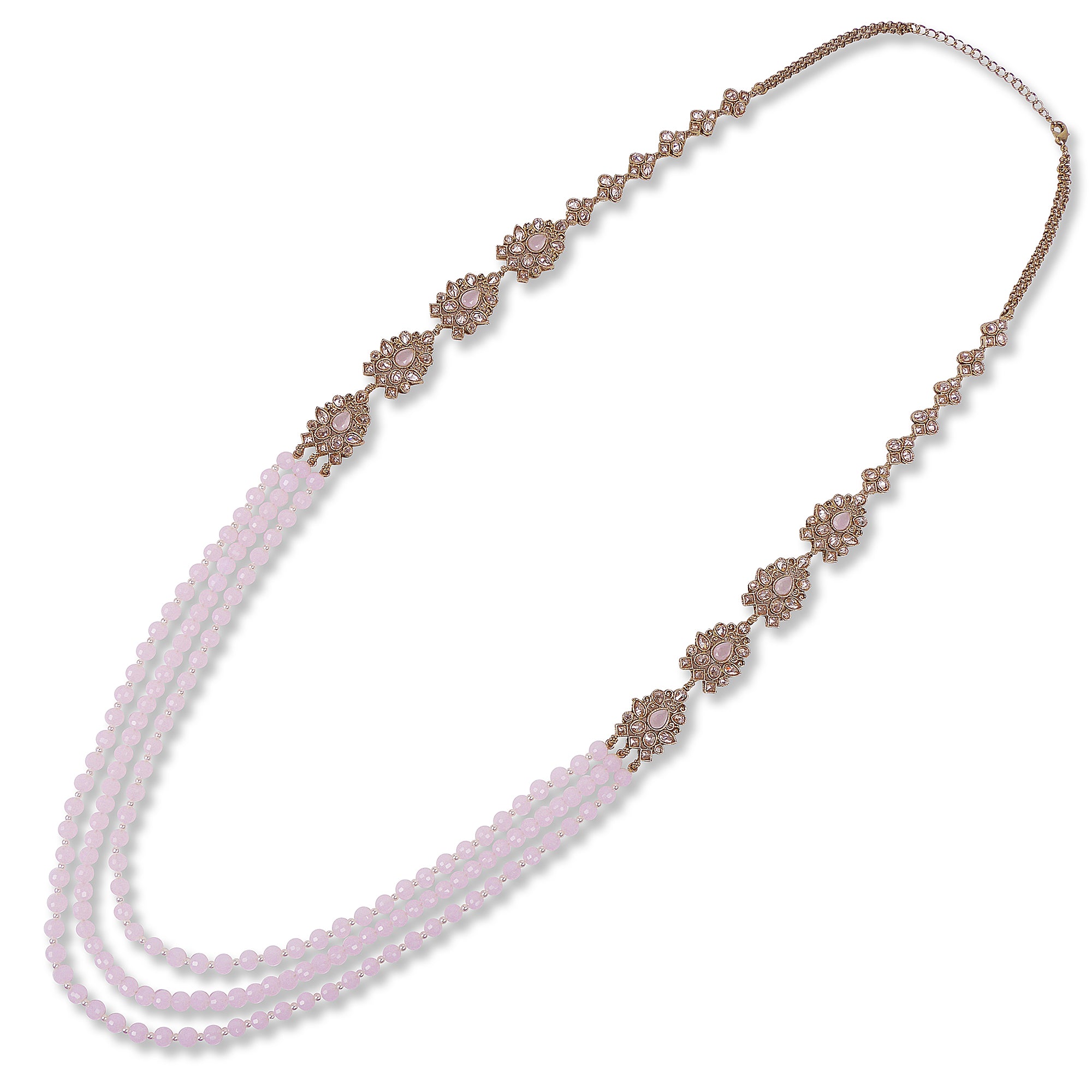 Nihira Long Layered Necklace in Light Pink and Antique Gold