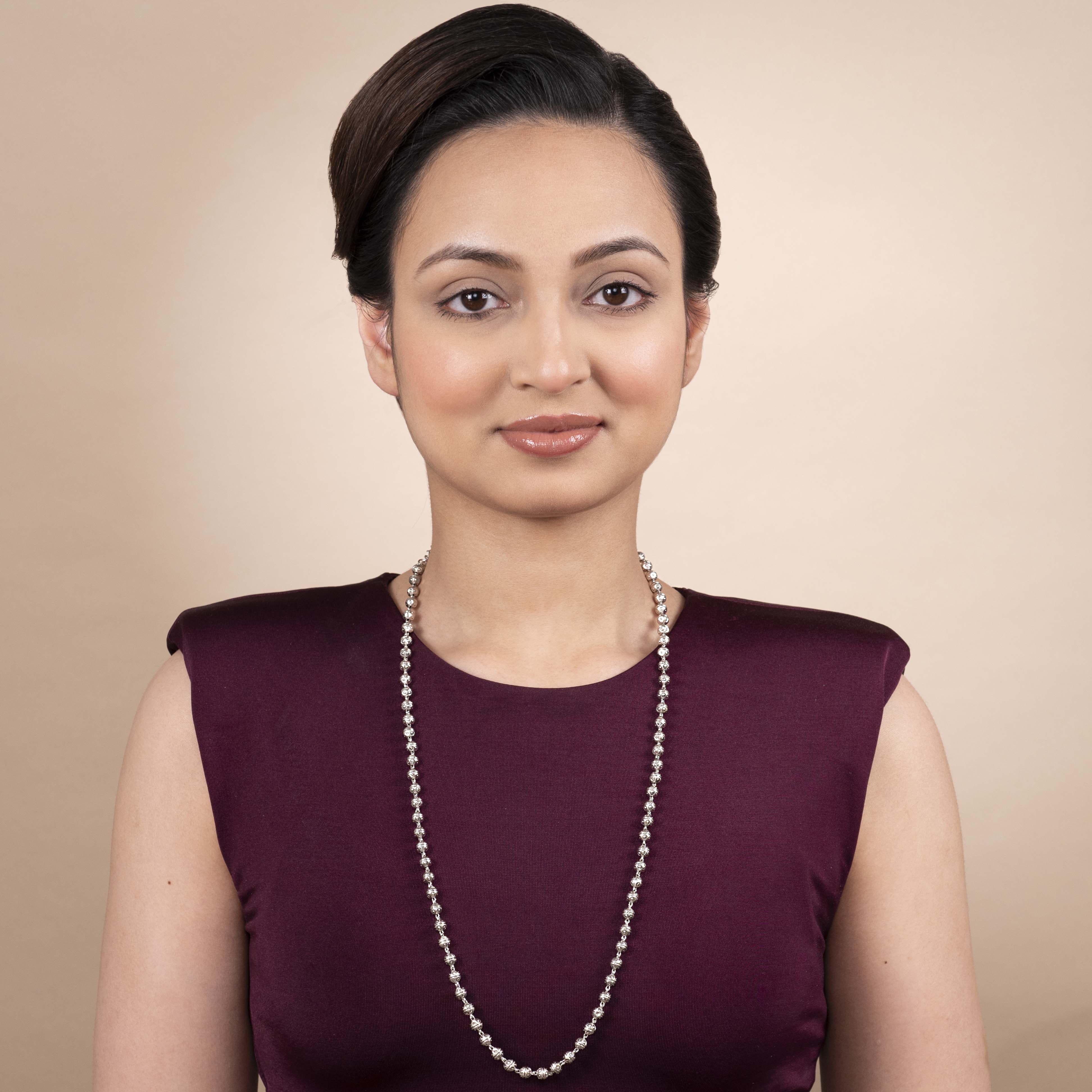 Mila Long Bead Chain in Rhodium