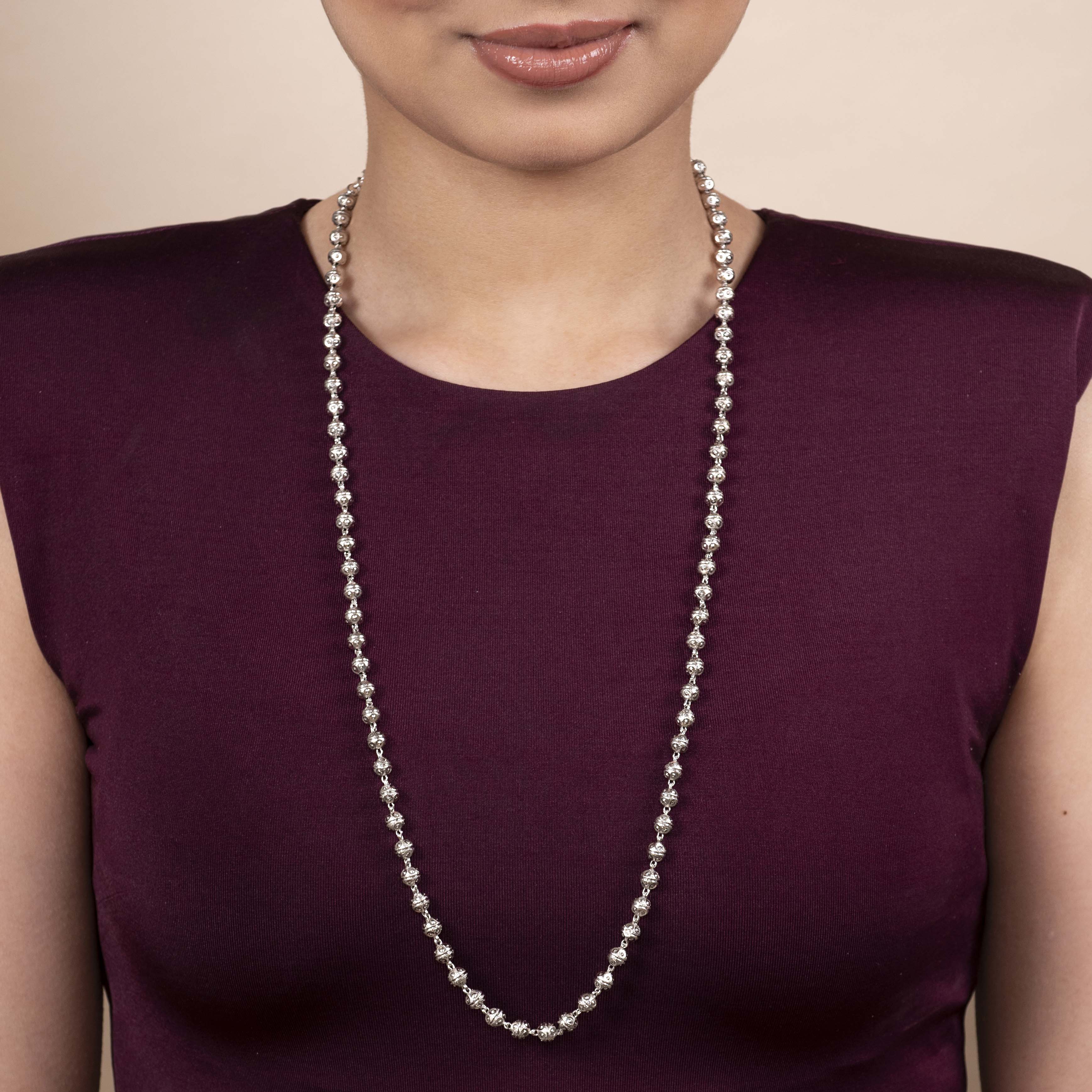 Mila Long Bead Chain in Rhodium