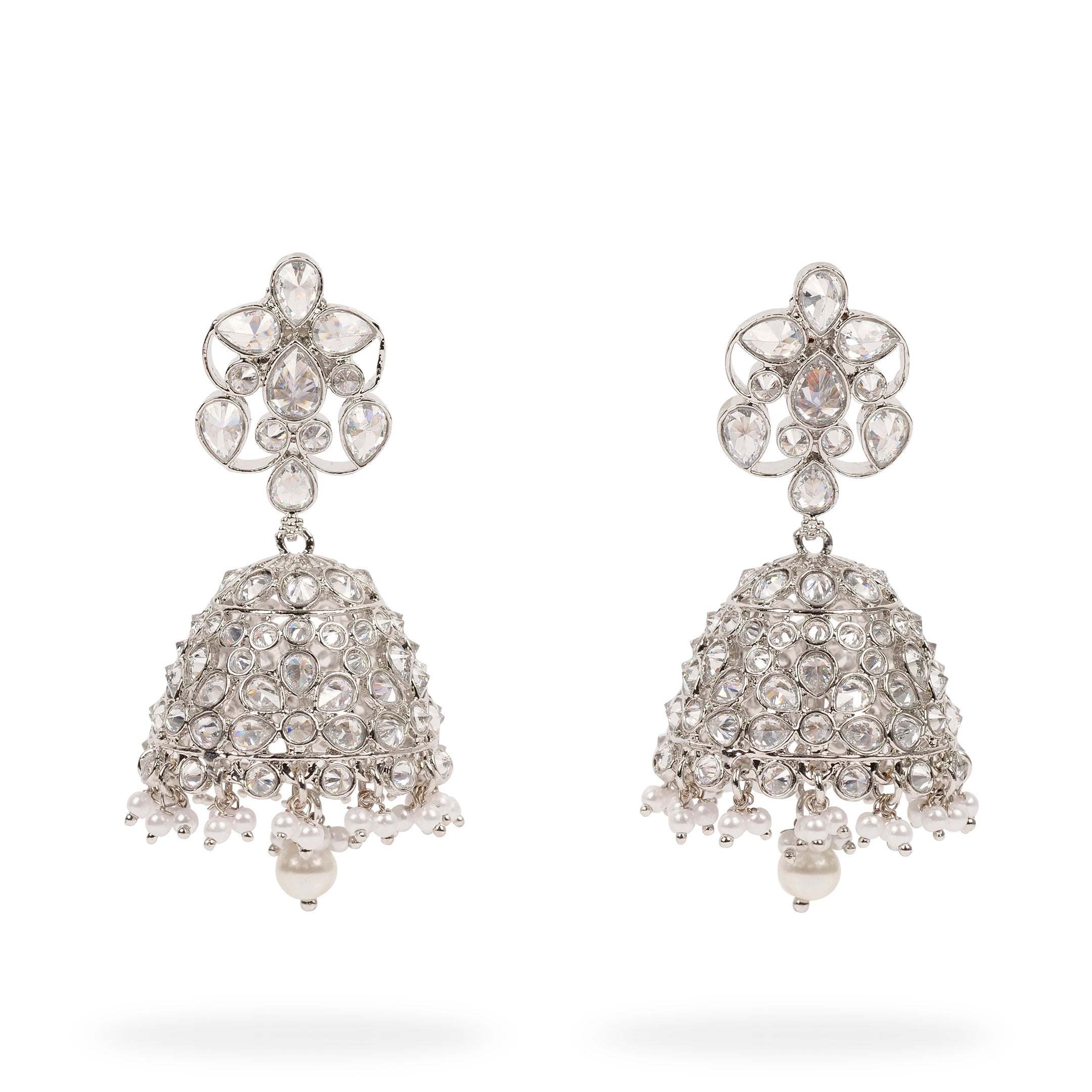 Neesha Jhumka Earrings in Pearl and Rhodium