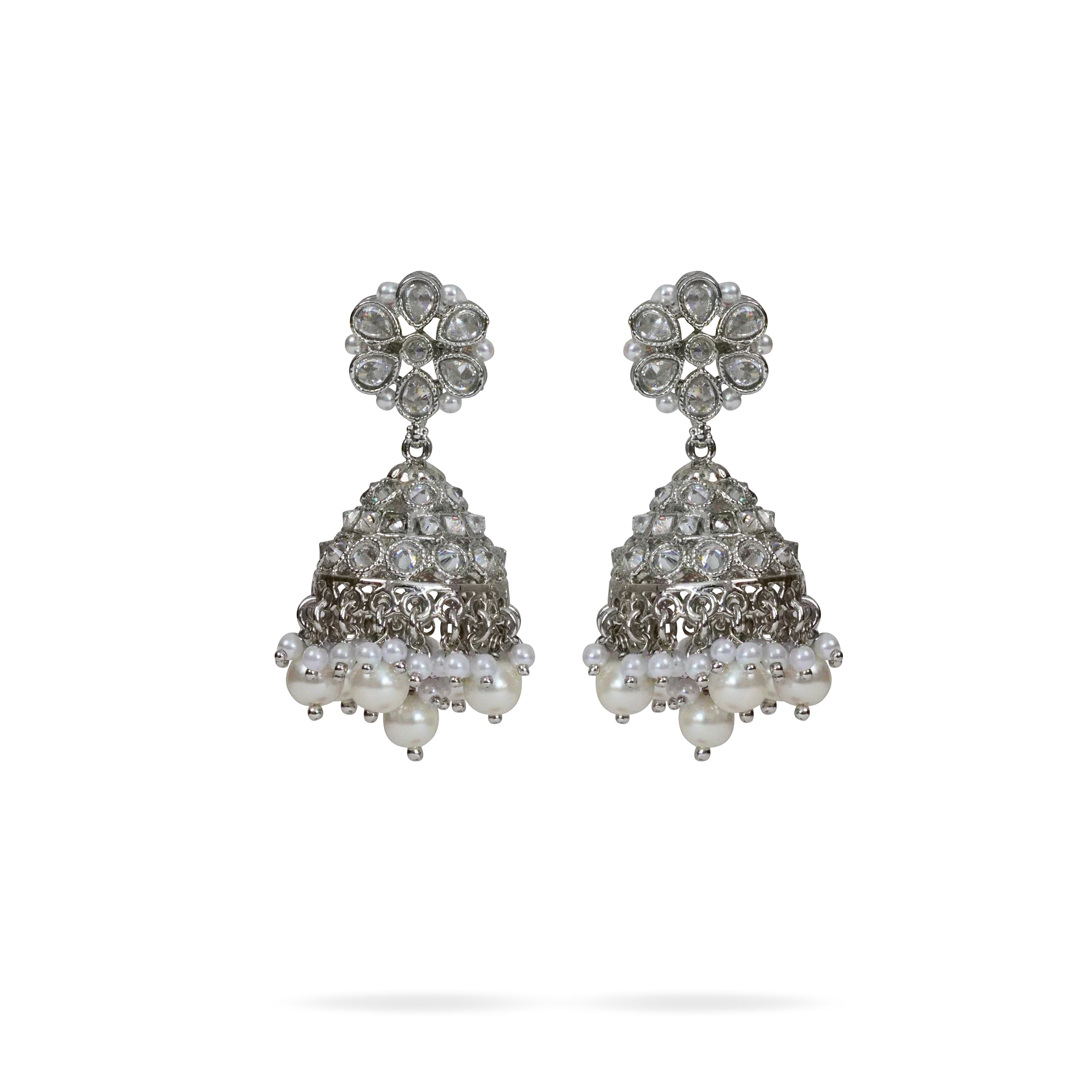 Jhansi Jhumka Earrings in Pearl and Rhodium