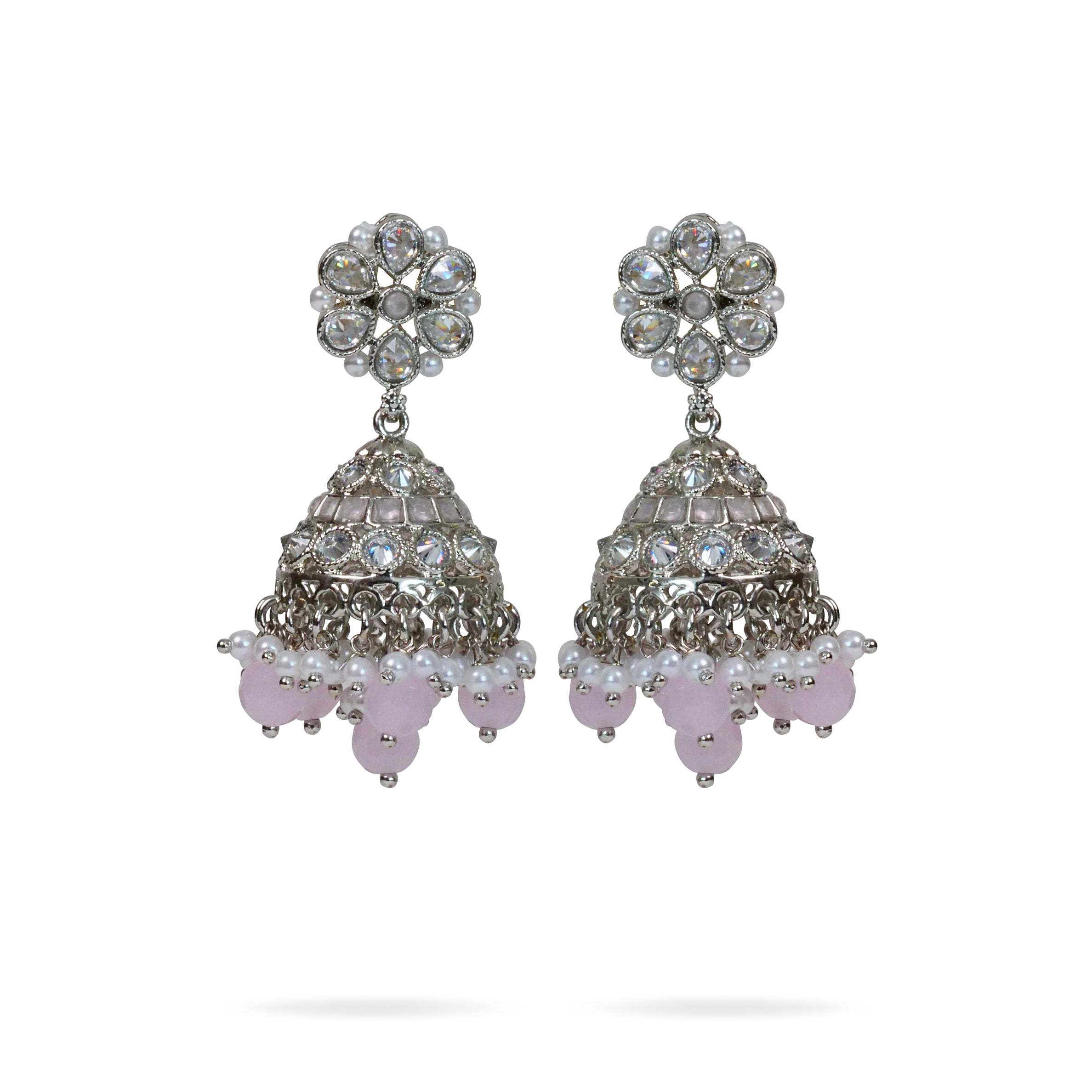 Jhansi Jhumka Earrings in Pink and Rhodium